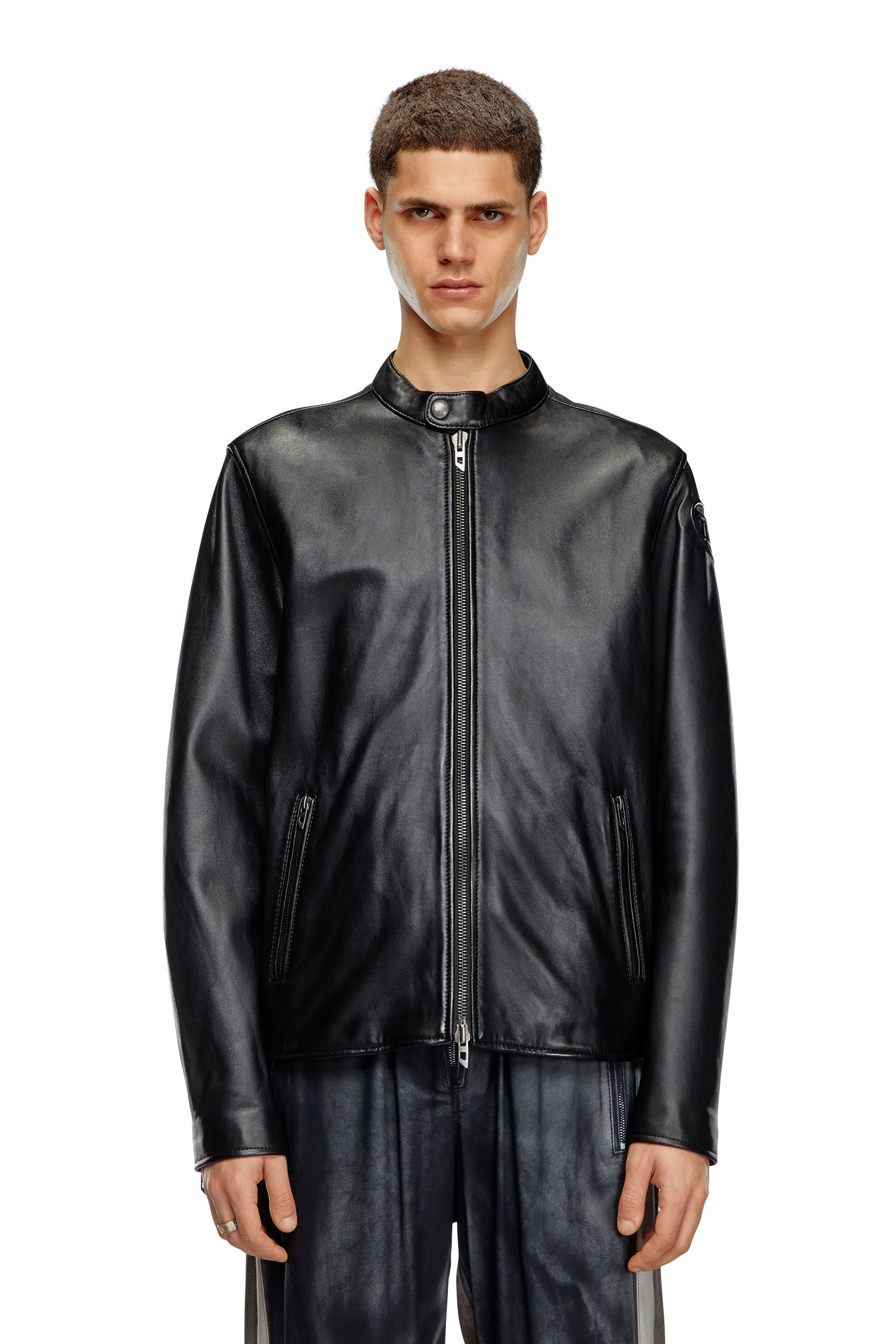 【マサヨシ】　DIESEL ブラックレザージャケット XXL Men's Leather biker jacket with embossed logo | Black | Diesel