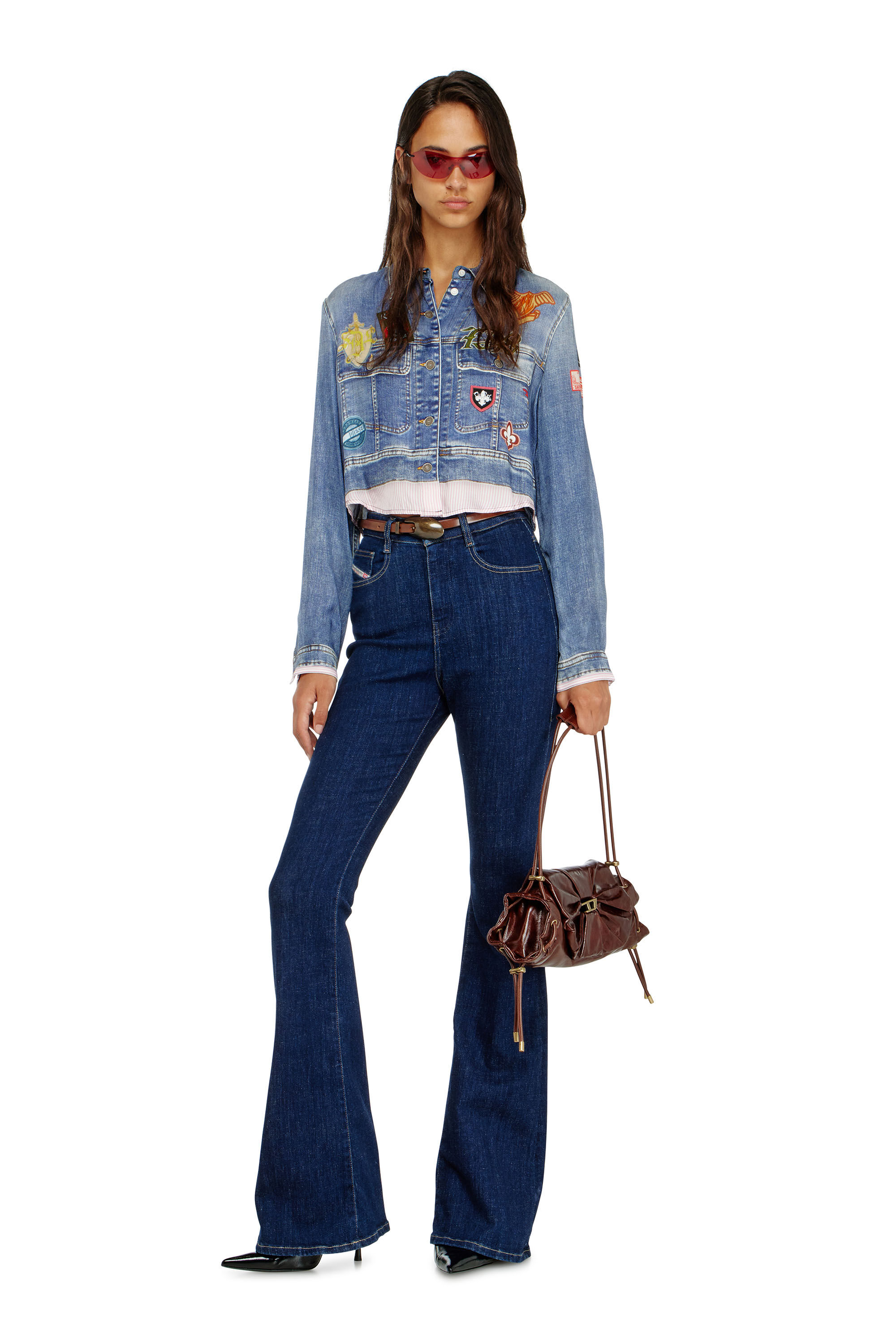 Diesel - C-LONE, Chemise cropped en satin &agrave; imprim&eacute; trompe-l&rsquo;&oelig;il denim Femme in ToBeDefined - 1