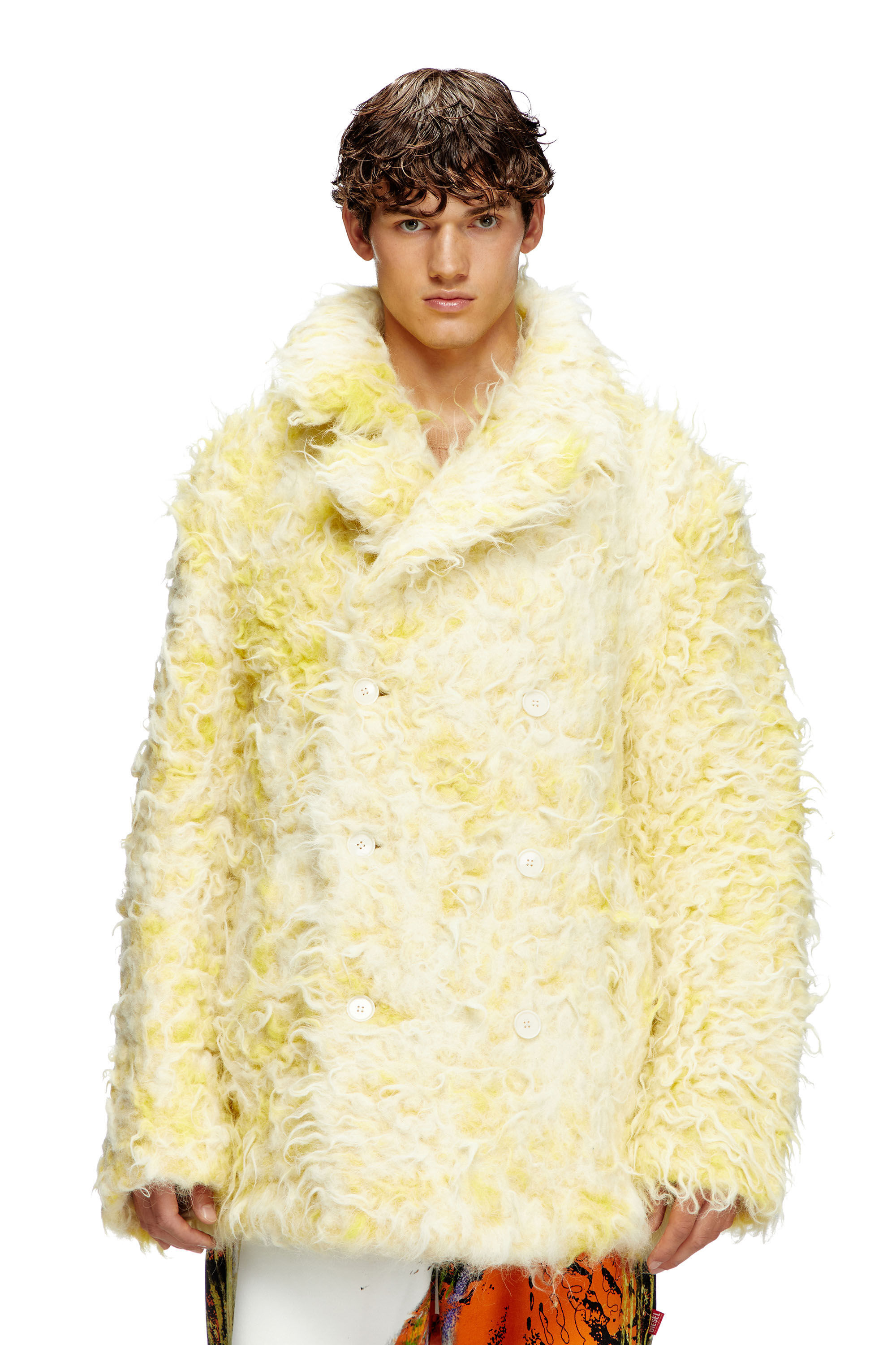 Diesel - W-MIN-SHORT, Male's Double-breasted coat in shaggy alpaca blend in Yellow - 3