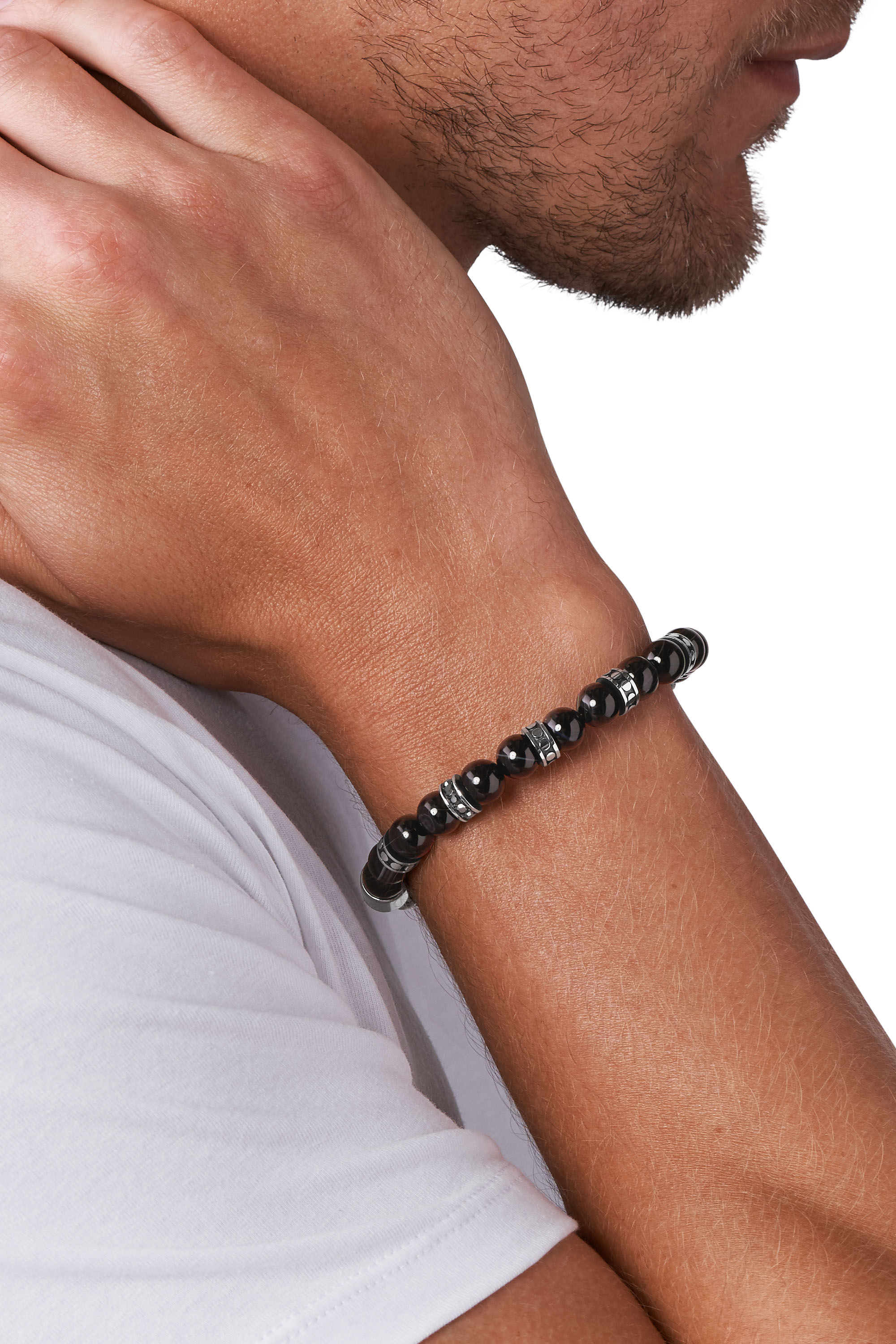 DX1163 Man: Beaded Black Line Agate Bracelet | Diesel