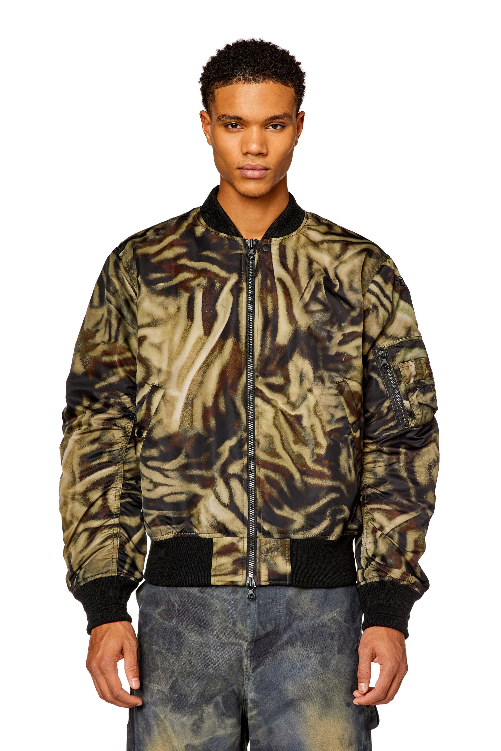 Diesel - J-DUBLEE, Man's Padded bomber jacket with zebra-camo print in Black/Brown - 3