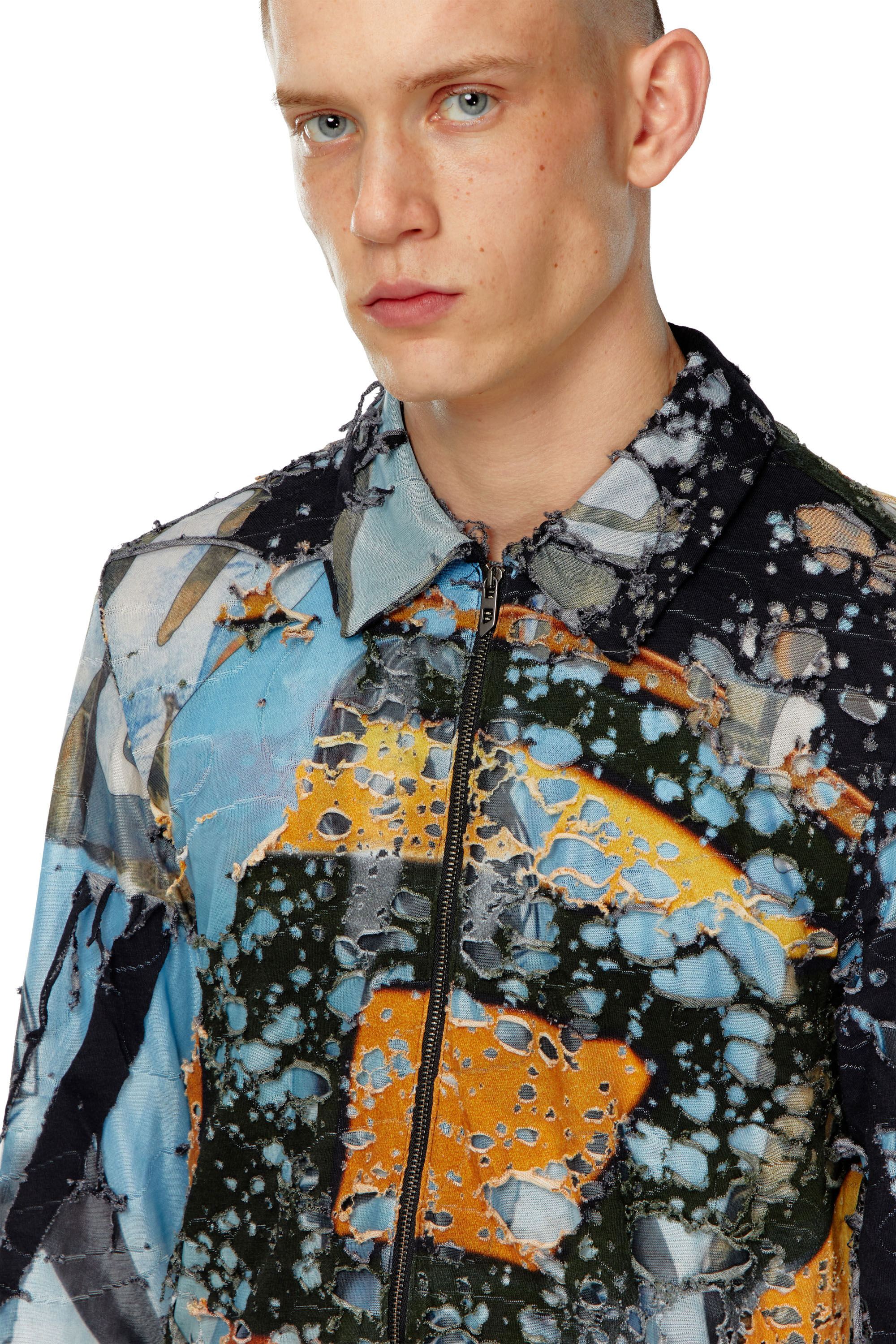 Diesel - S-CORN-PEEL, Male's Destroyed shirt with cinema prints in Orange/Black - 4