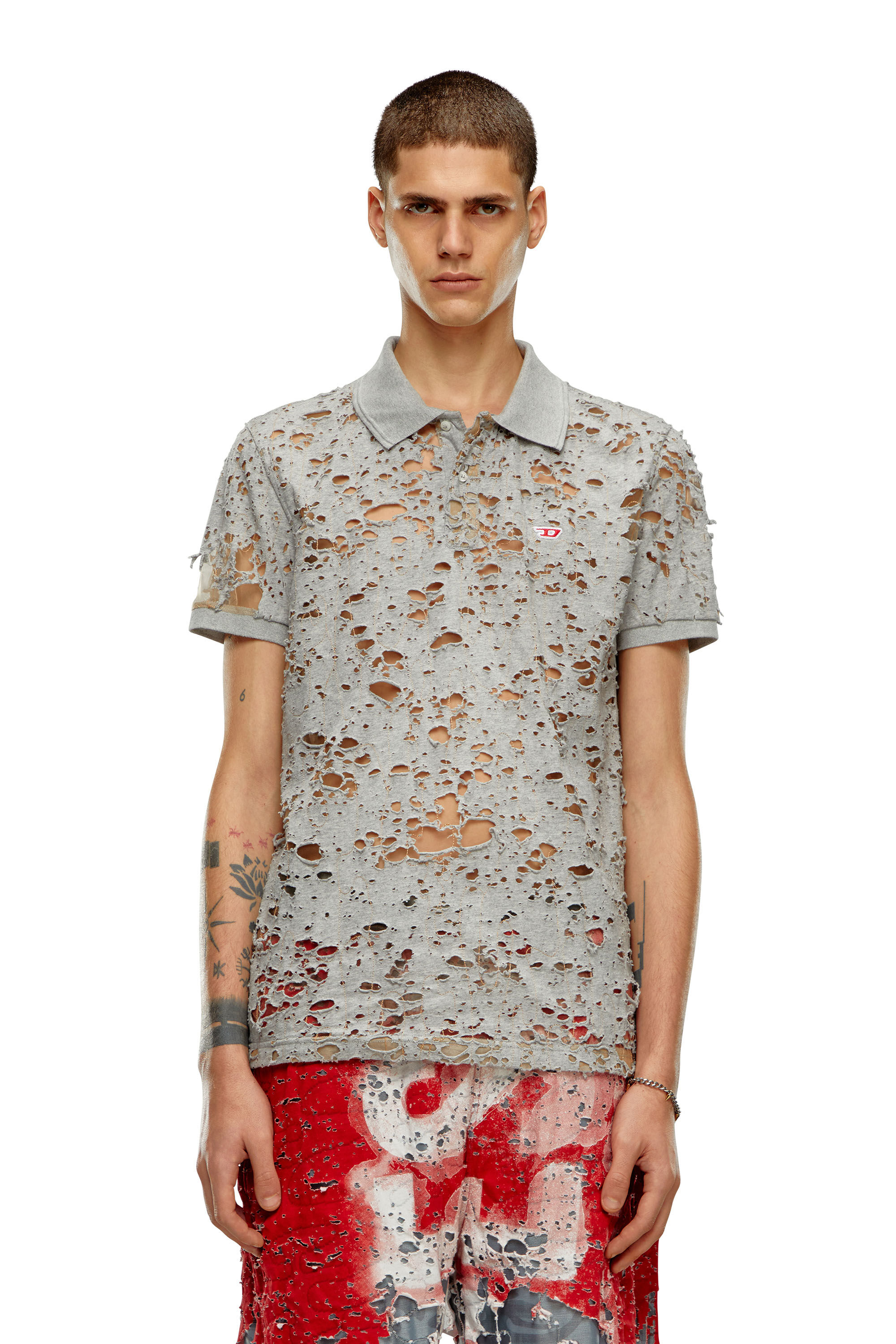 Diesel - T-SMITH-DEVOR, Male's Tulle polo shirt with destroyed jersey in Light Grey - 6