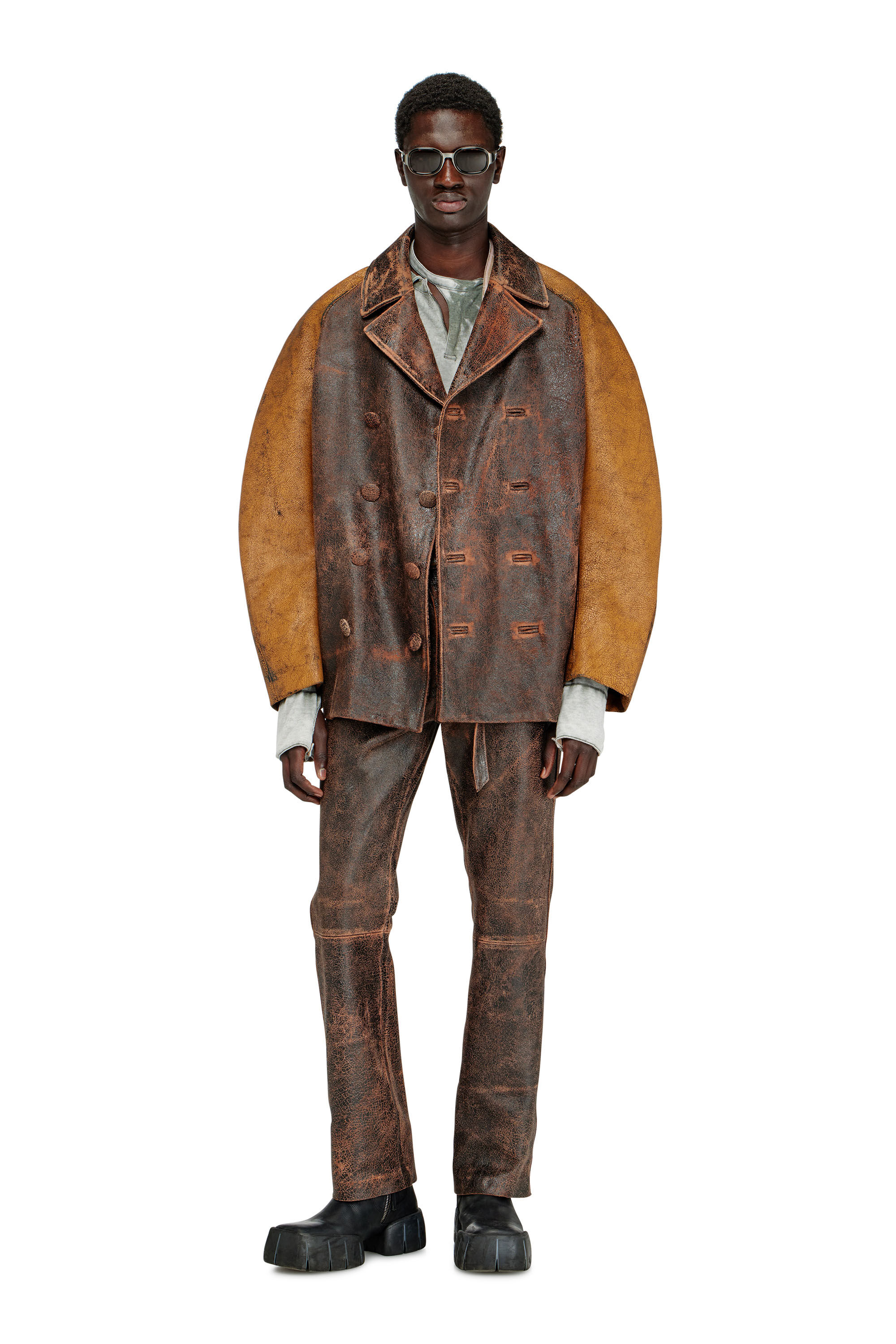 Men's Cocoon peacoat in crackle leather | Brown | Diesel