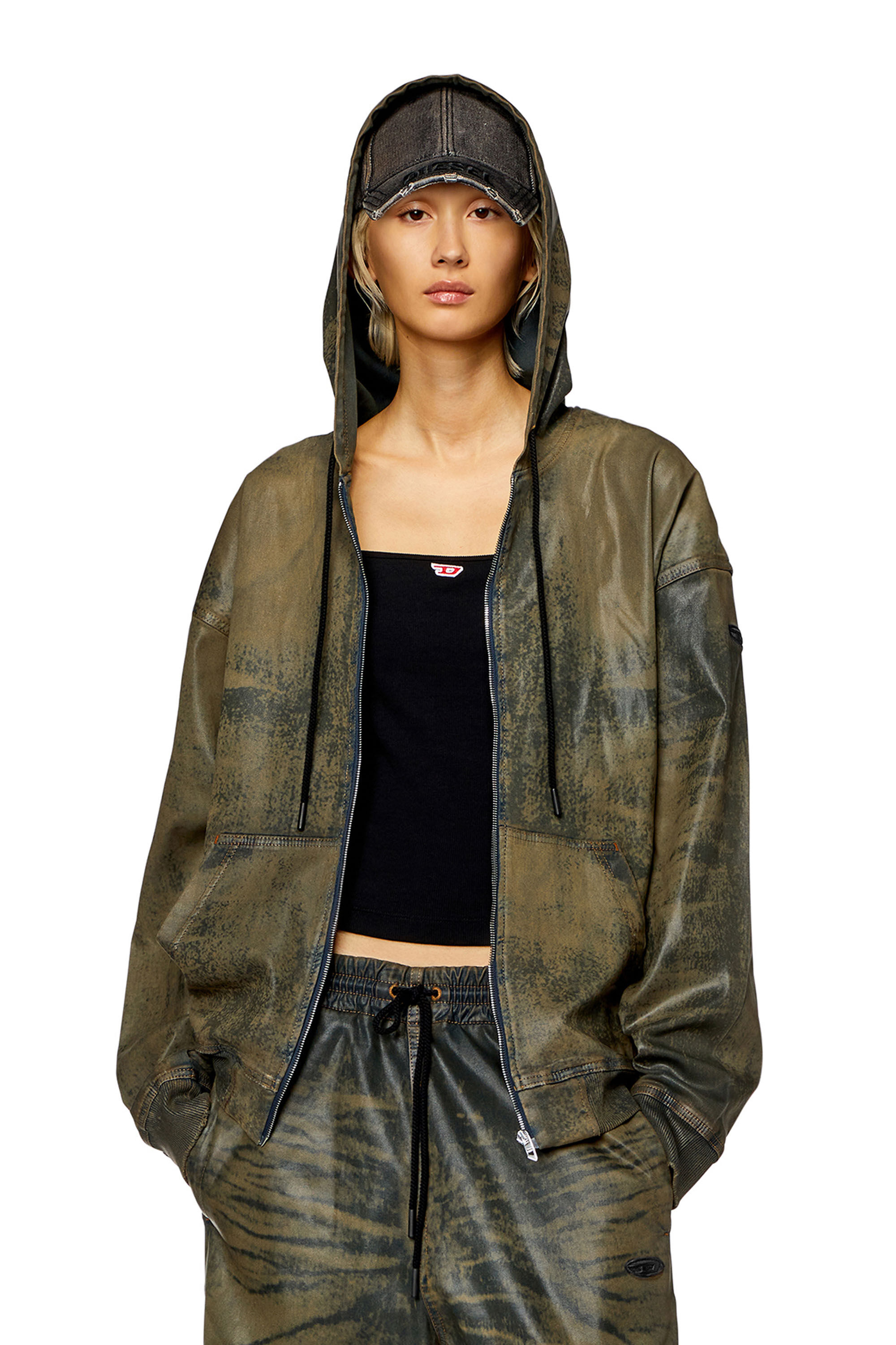 Women's Zip hoodie in laser-print Track Denim | Brown | Diesel Women's Zip hoodie in laser-print Track Denim | Brown | Diesel
