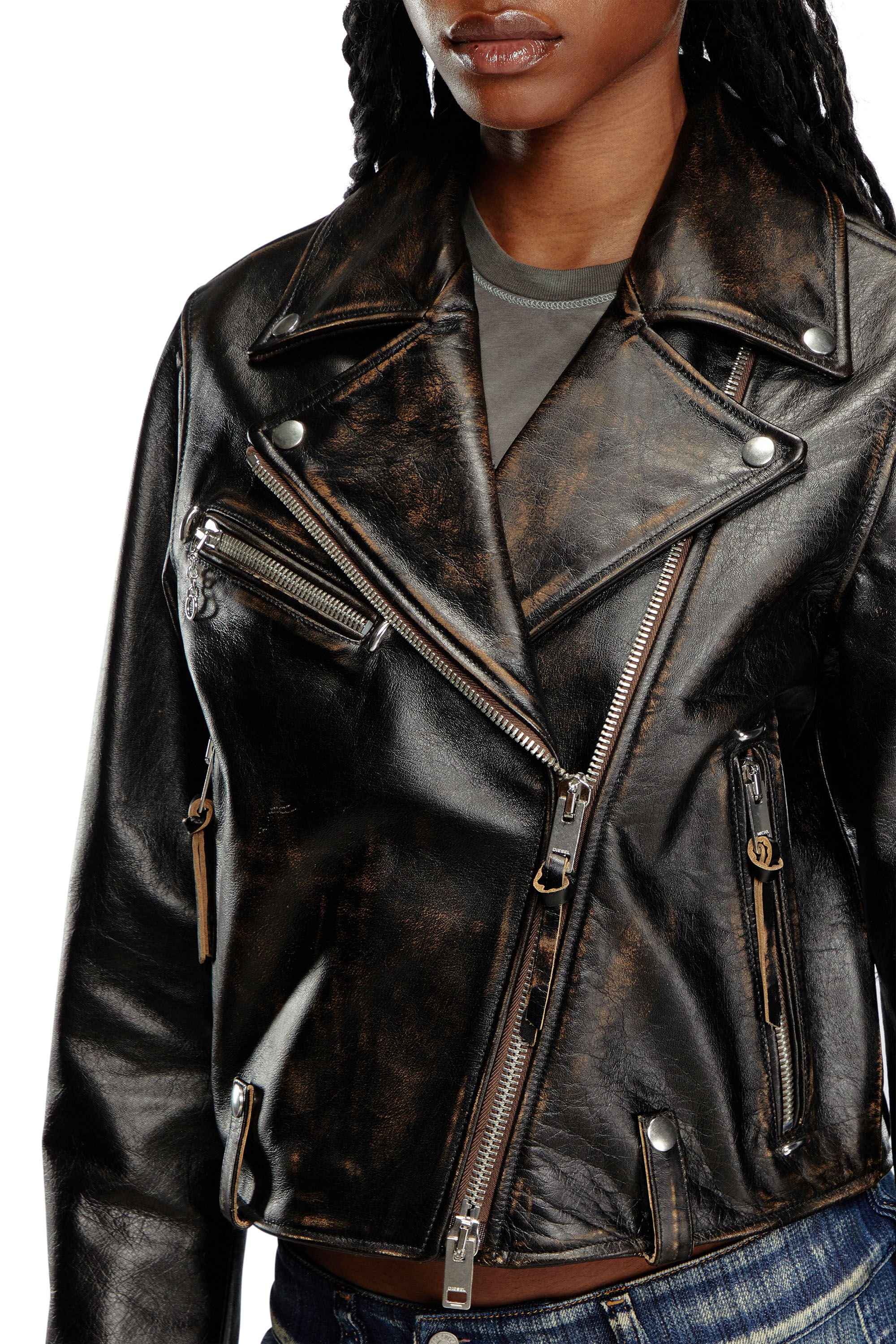 Diesel - L-EDMEA-CL, Female's Biker jacket in treated leather in Black - 4