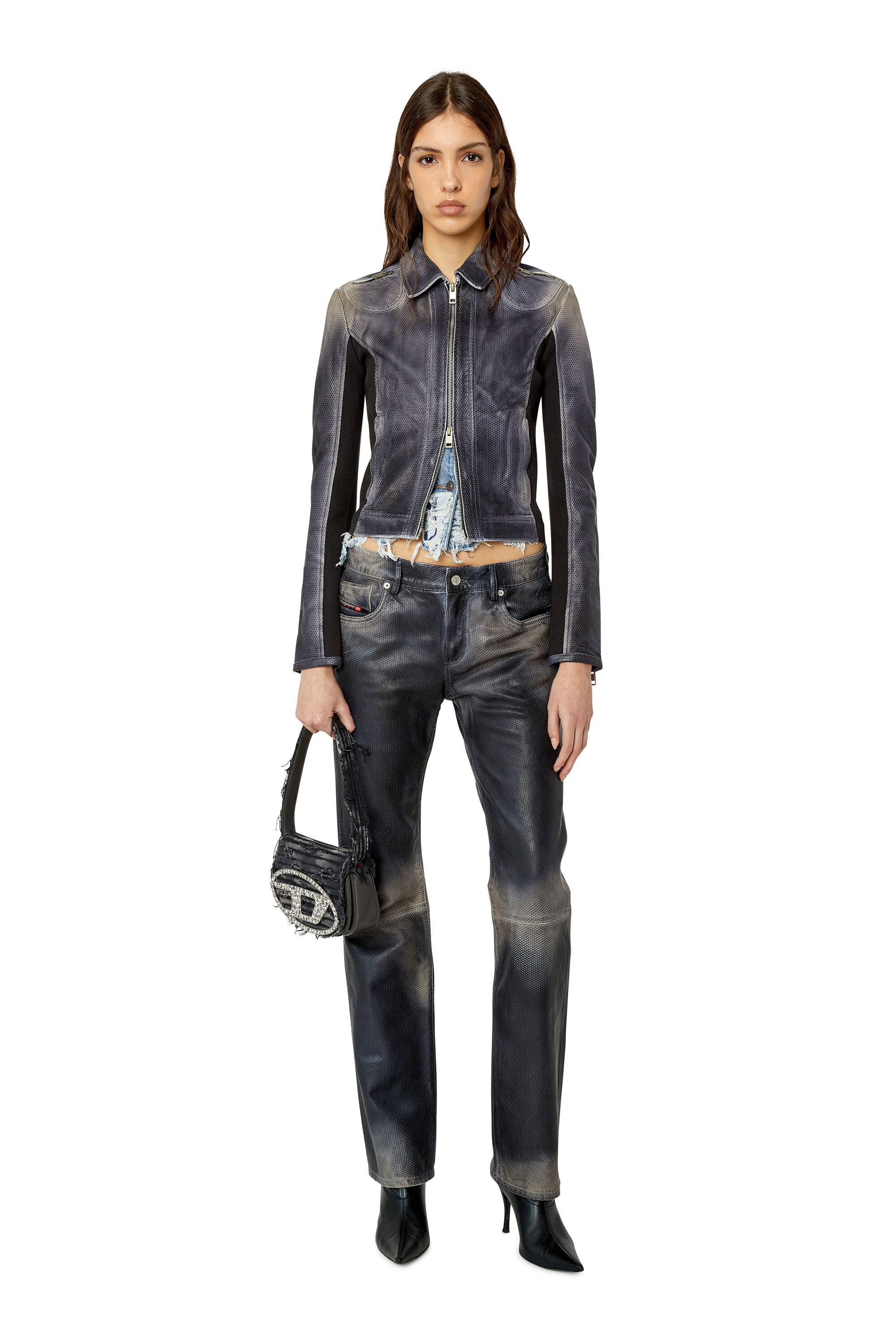 Diesel - L-TAFY, Female's Panelled perforated-leather jacket in Black - 1