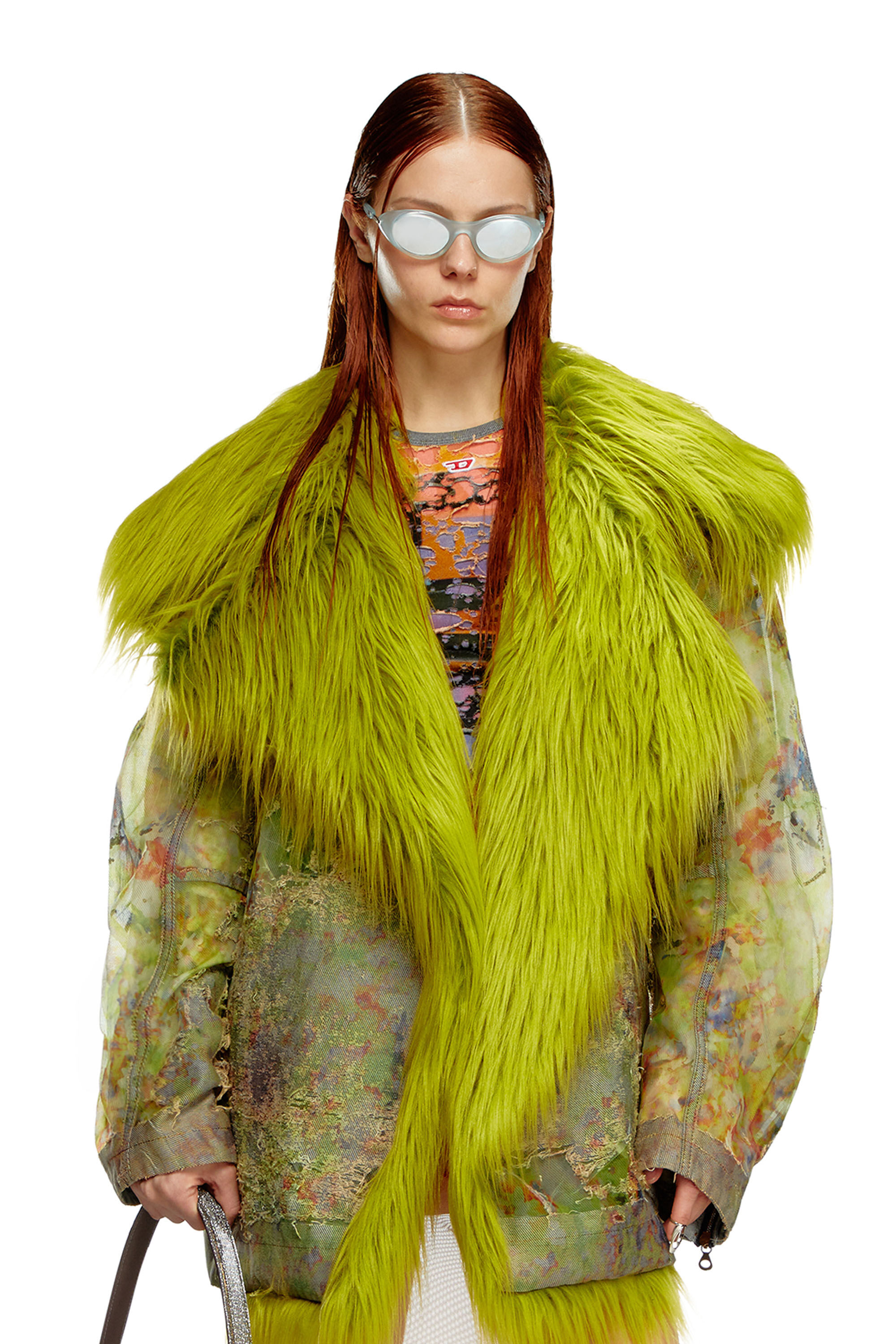 Diesel - DE-BIKA-FSE, Female's Printed devoré jacket with shaggy collar in Green - 3