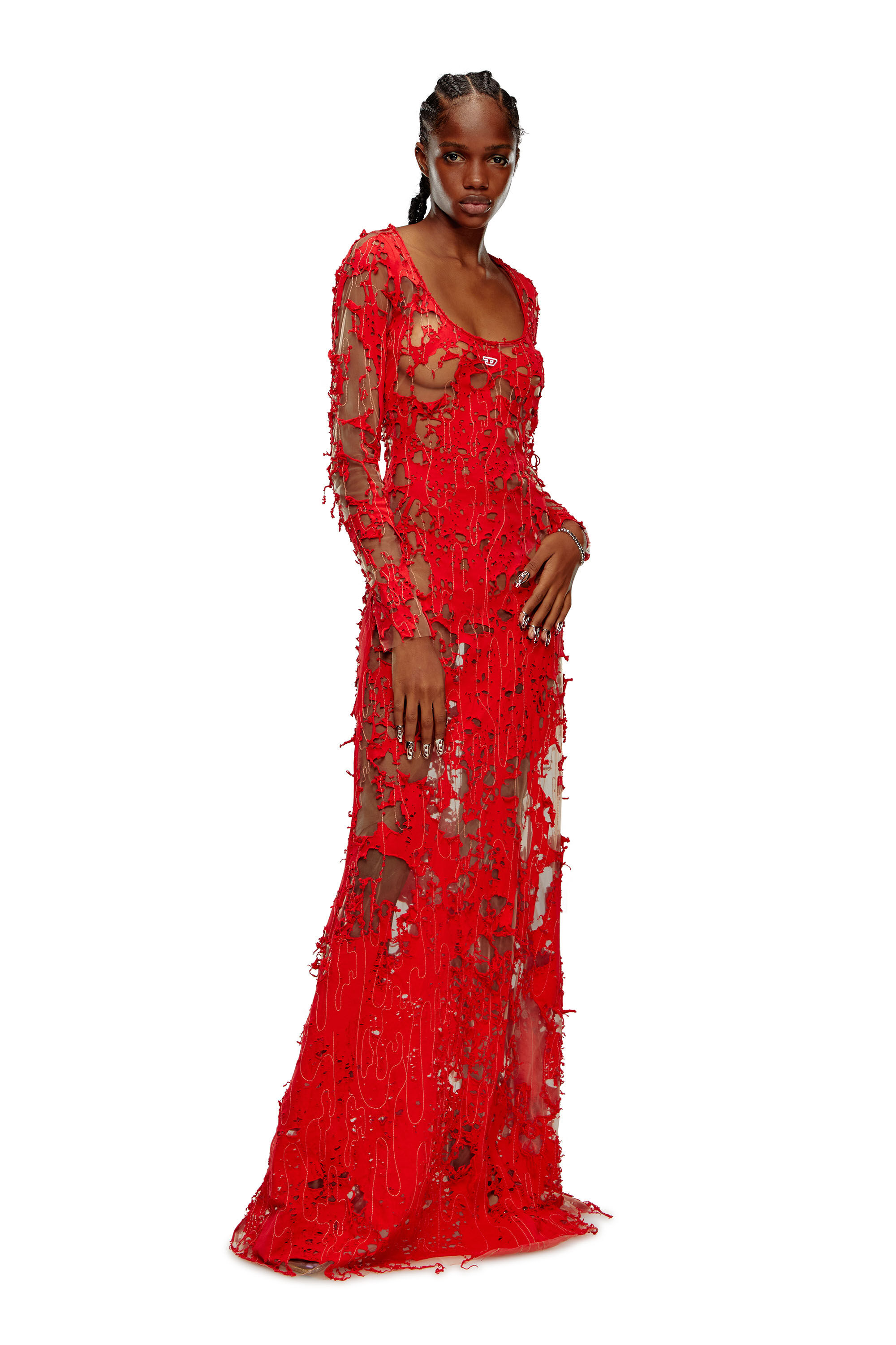Diesel - D-LEA, Female's Long devoré dress in tulle and jersey in Red - 1