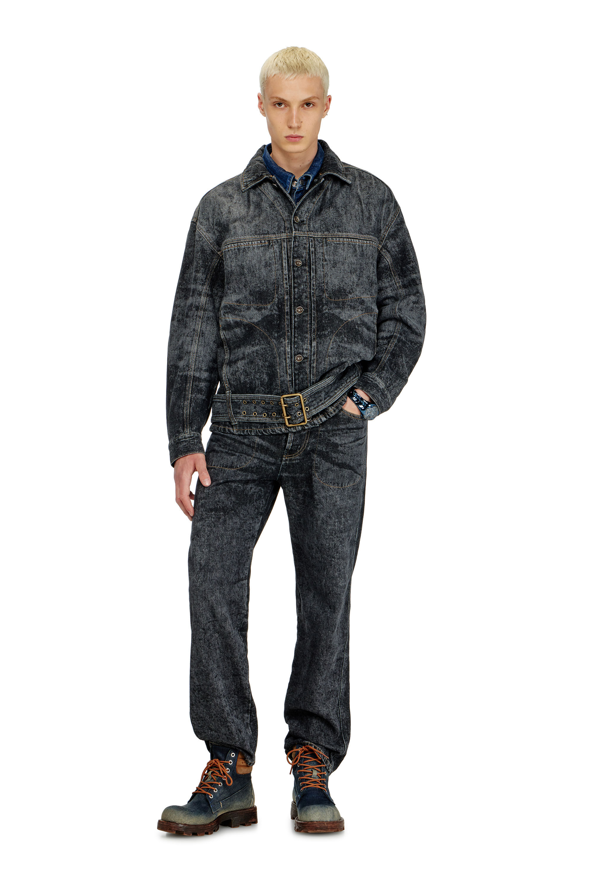 Diesel - D-VALERO-S, Man's Biker-inspired denim jacket in Black/Dark grey - 1