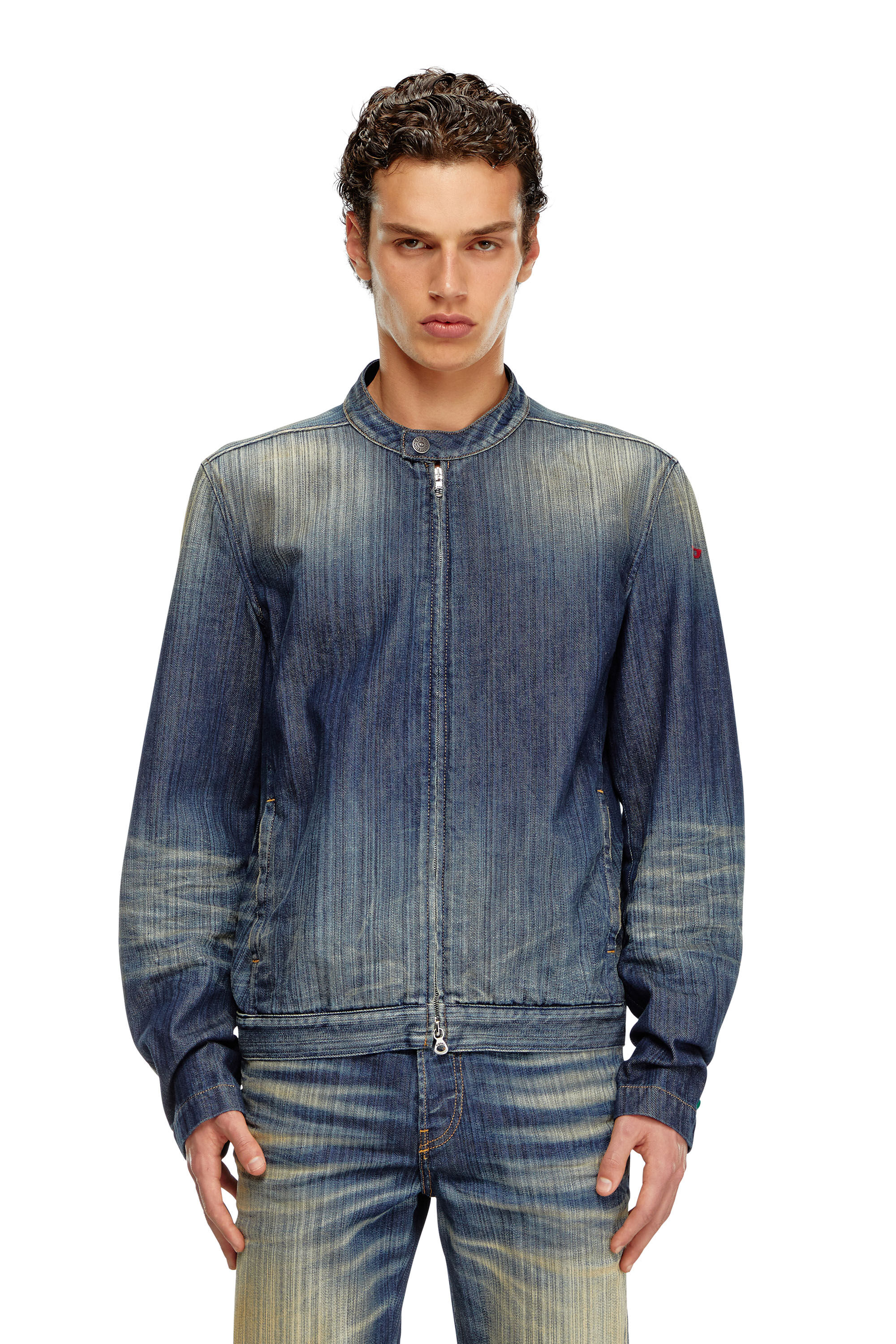 Diesel - D-GLORY, Male's Moto jacket in streaky denim in Dark Blue - 6