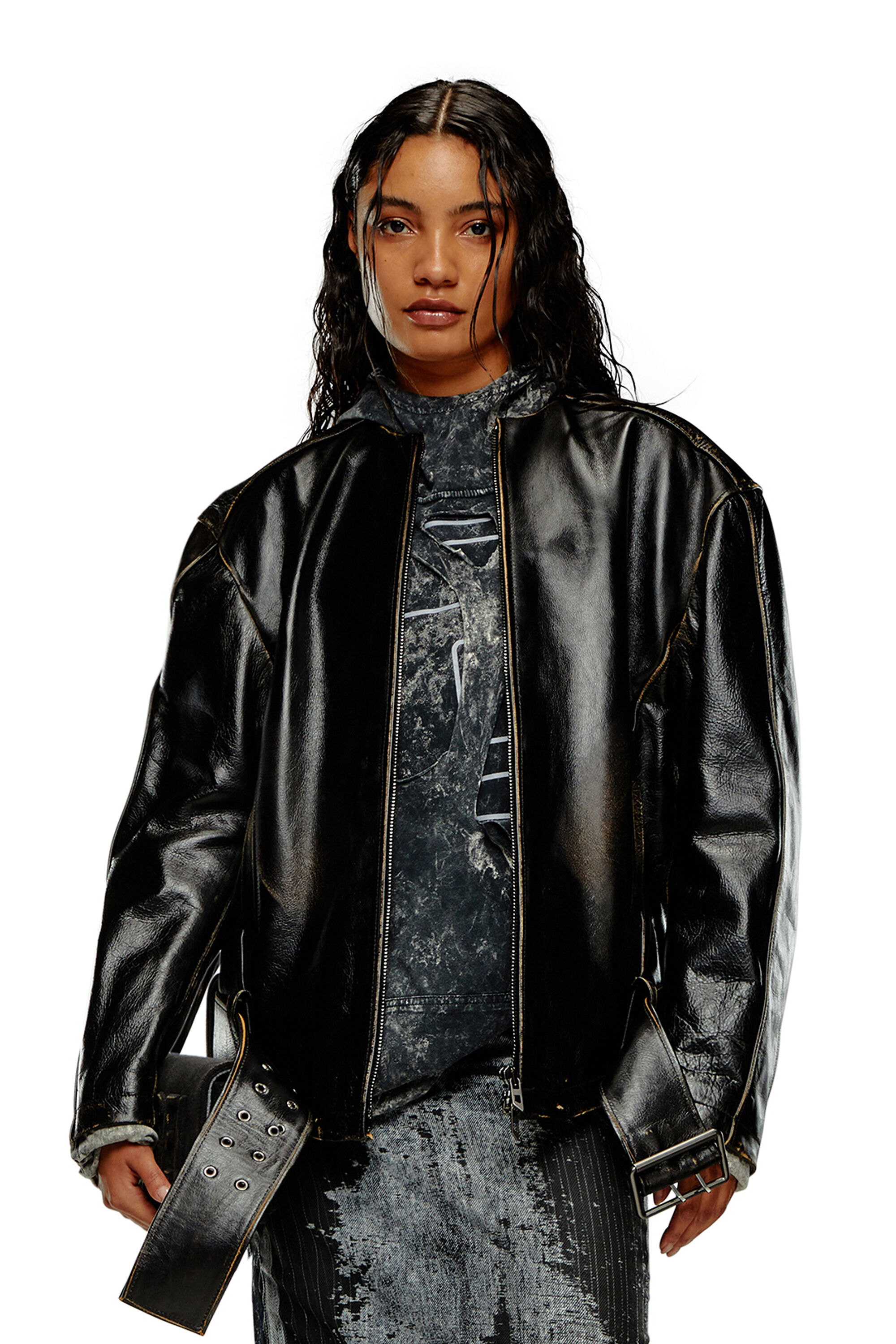 Diesel - L-MARGY, Veste biker oversize en cuir brossé Femme in Noir - 3