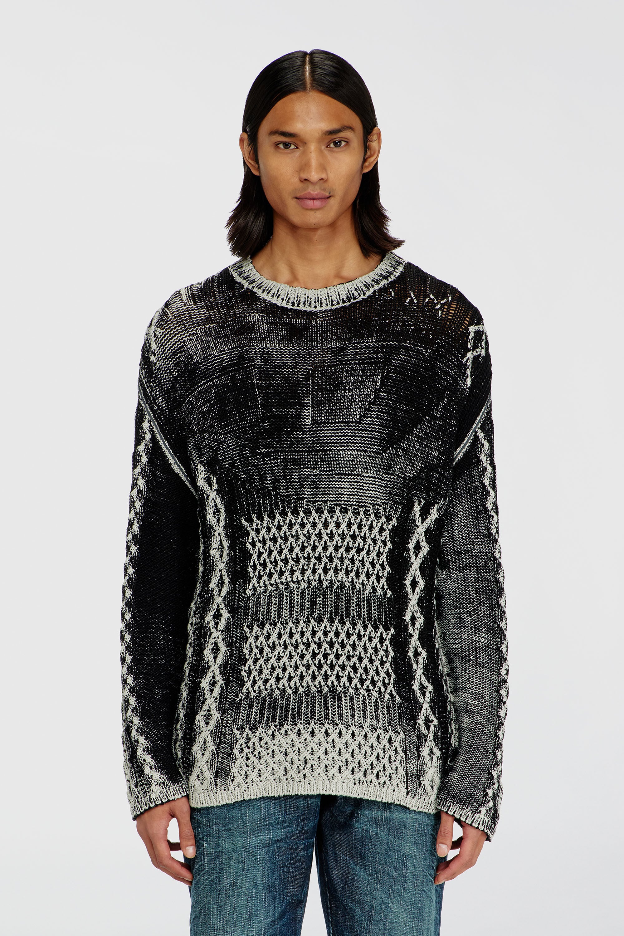 Diesel - K-MIONE, Male's Treated cable-knit jumper in Grey/Black - 3