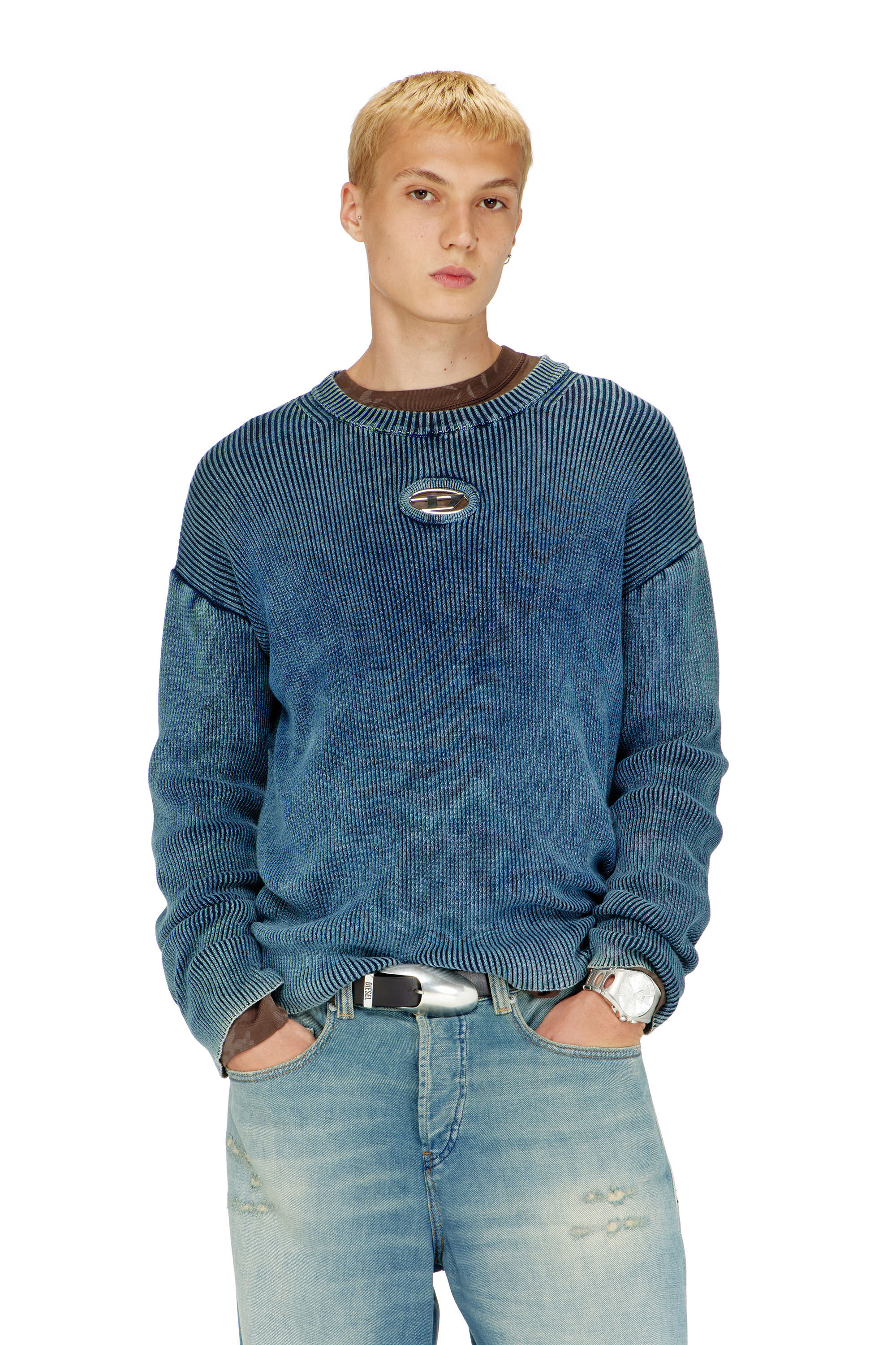 Men's Cut-out ribbed jumper with Oval D plaque | Blue | Diesel US