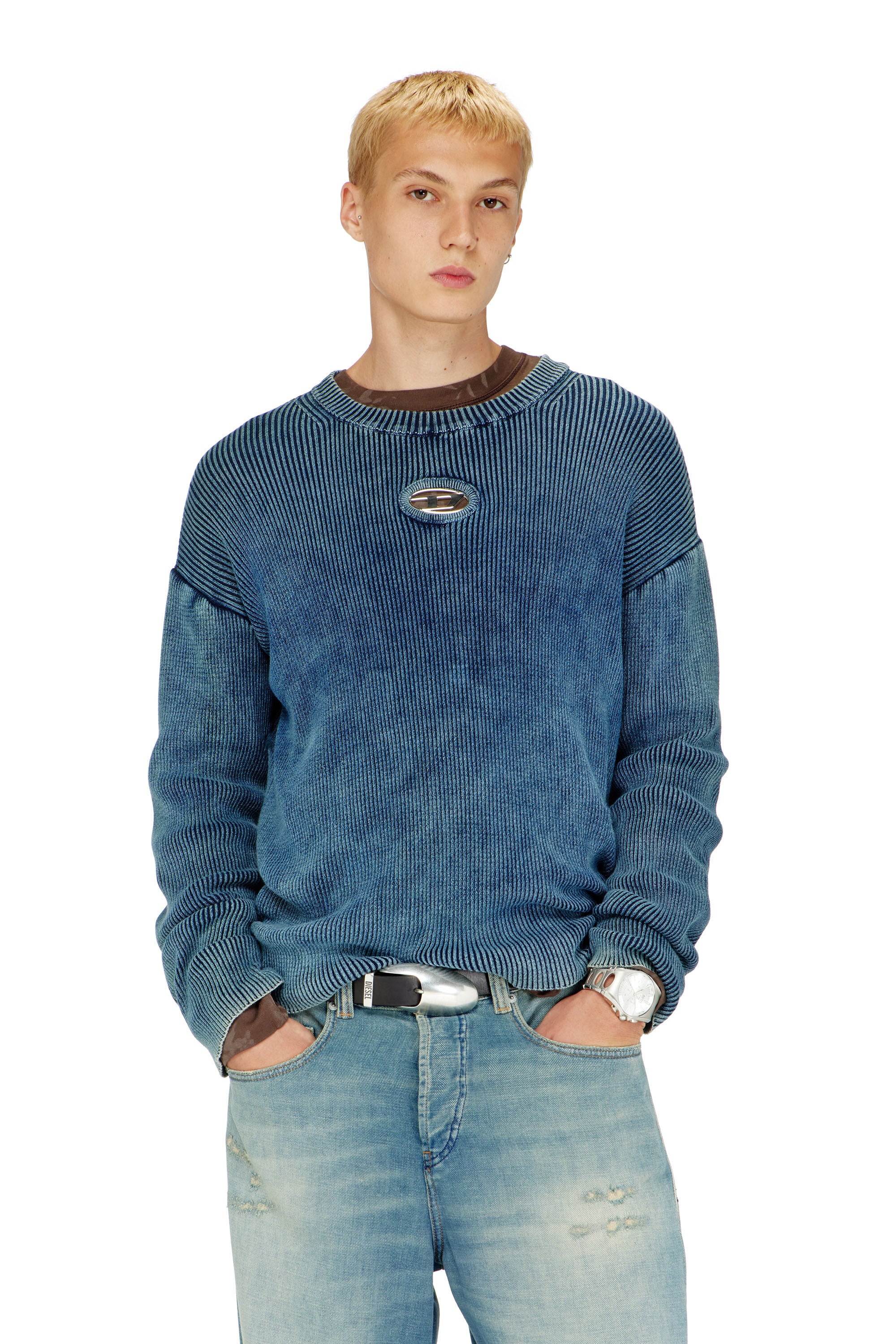 Diesel - K-DARREN-D, Male's Cut-out ribbed jumper with Oval D plaque in Blue - 3