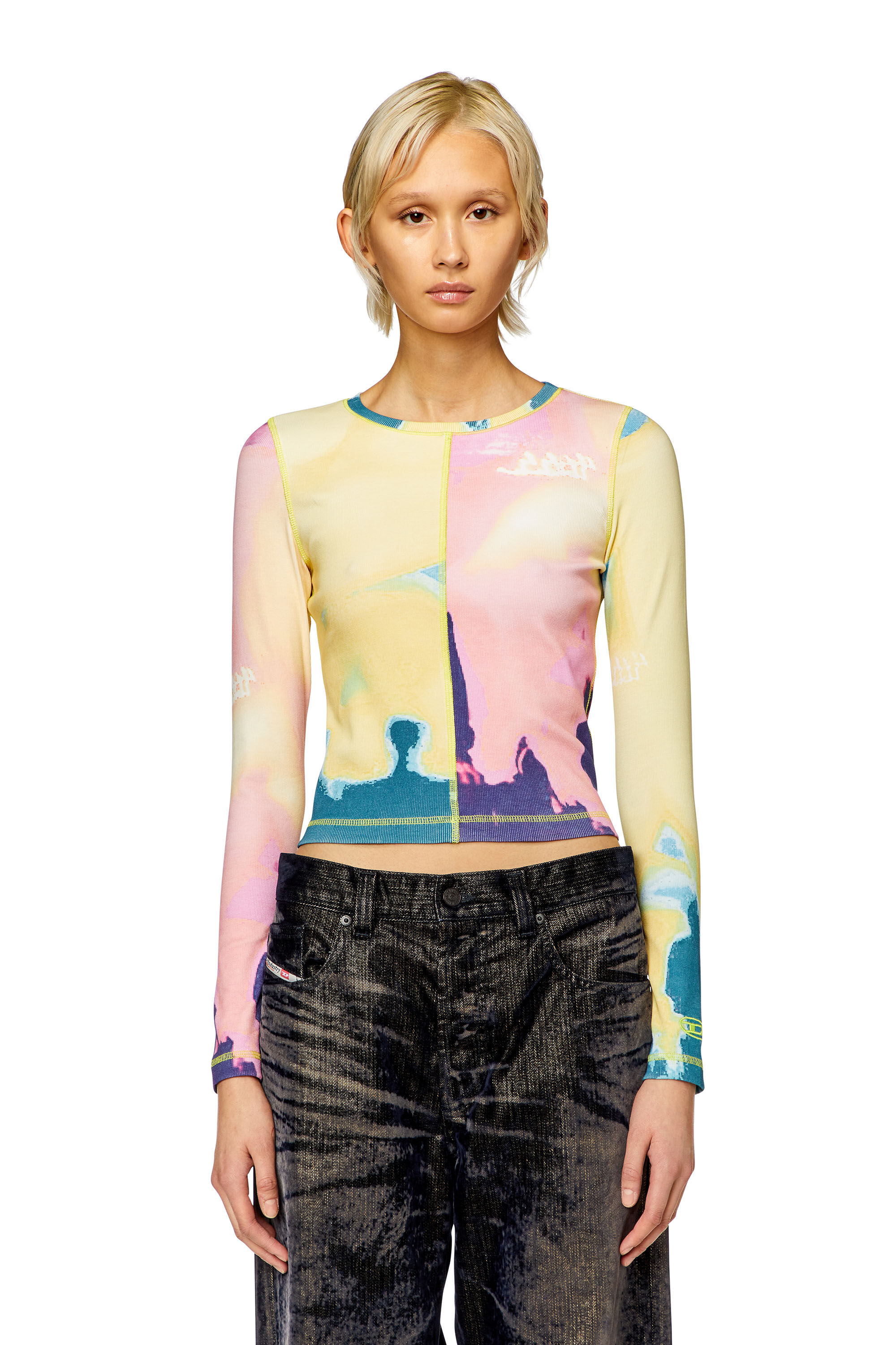 Diesel - T-BANES, Woman's Panelled top with multicoloured print in Yellow/Pink - 5