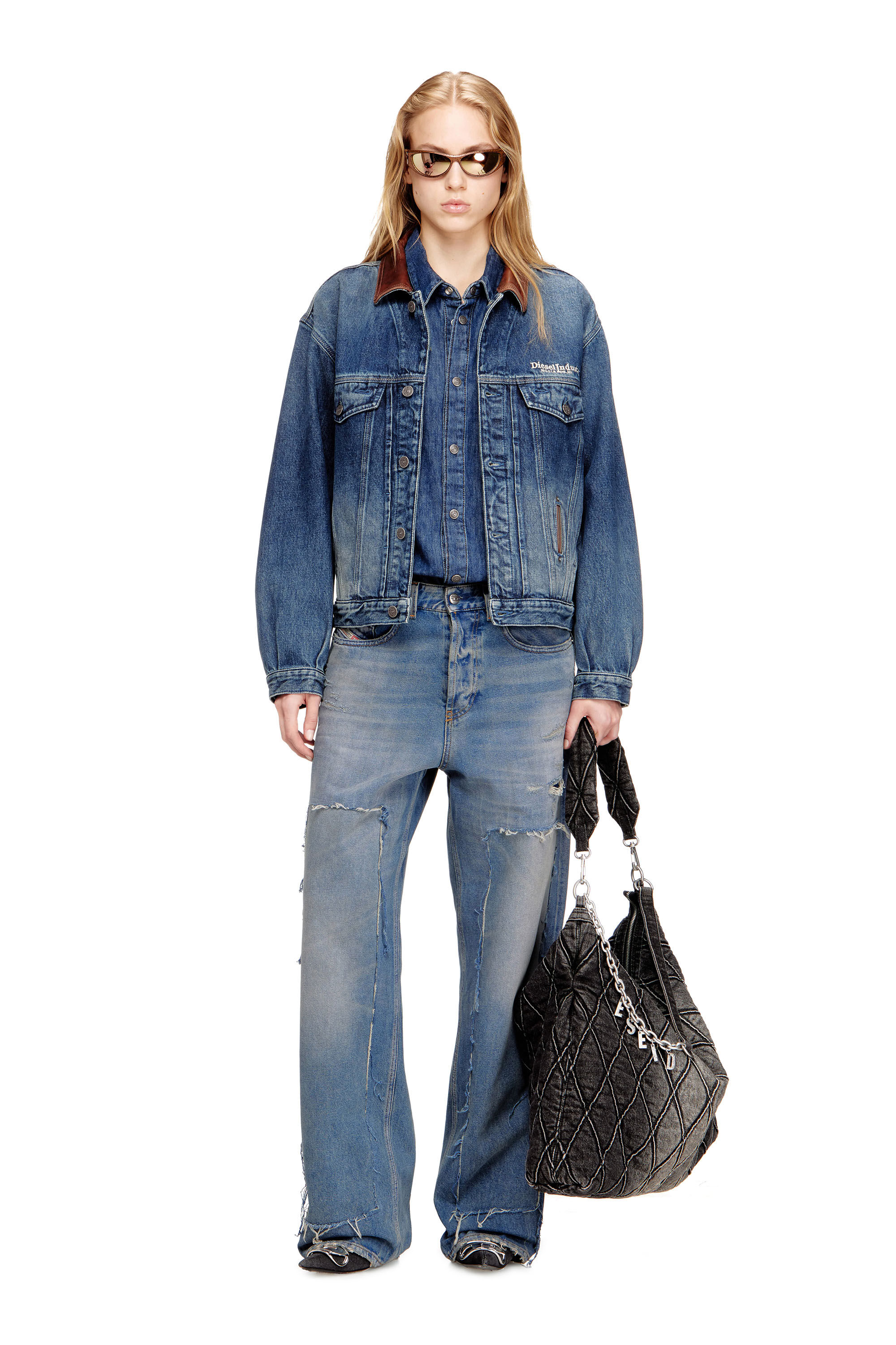 Women's Denim trucker jacket with contrast leather trims | Blue Women's Denim trucker jacket with contrast leather trims | Blue