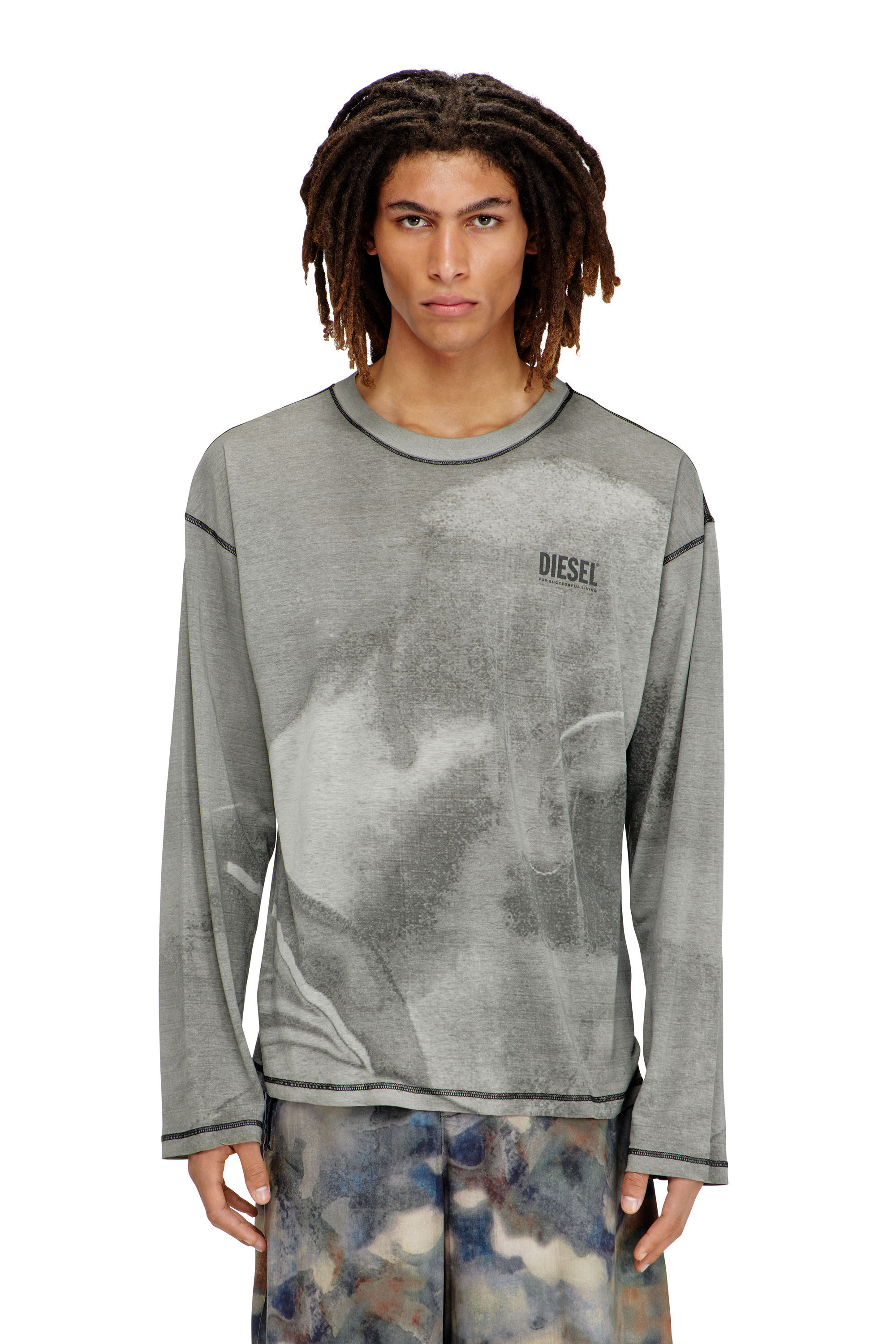 Men's Long-sleeve T-shirt with trompe l'oeil print | Grey | Diesel