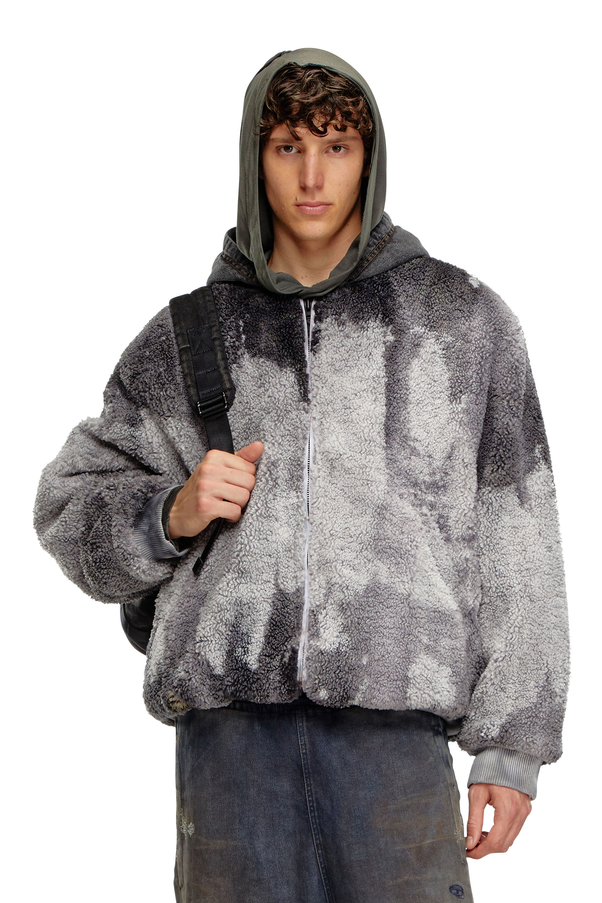 Diesel - S-DEPLA, Male's Tie-dyed teddy jacket with denim hood in Grey - 3