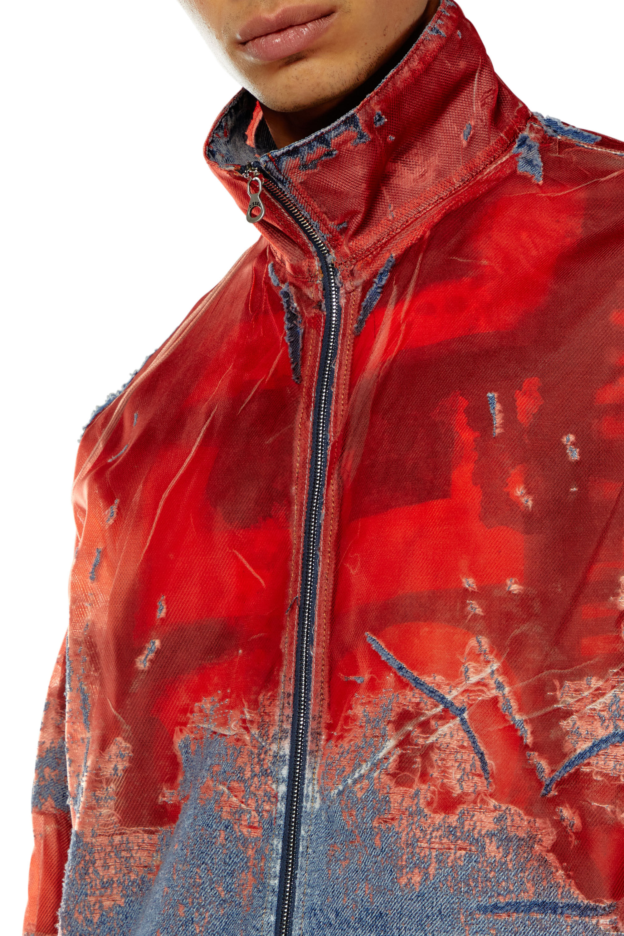 Diesel - D-KRAP-FSE, Male's Jacket in devoré denim with logo in Blue/Red - 4
