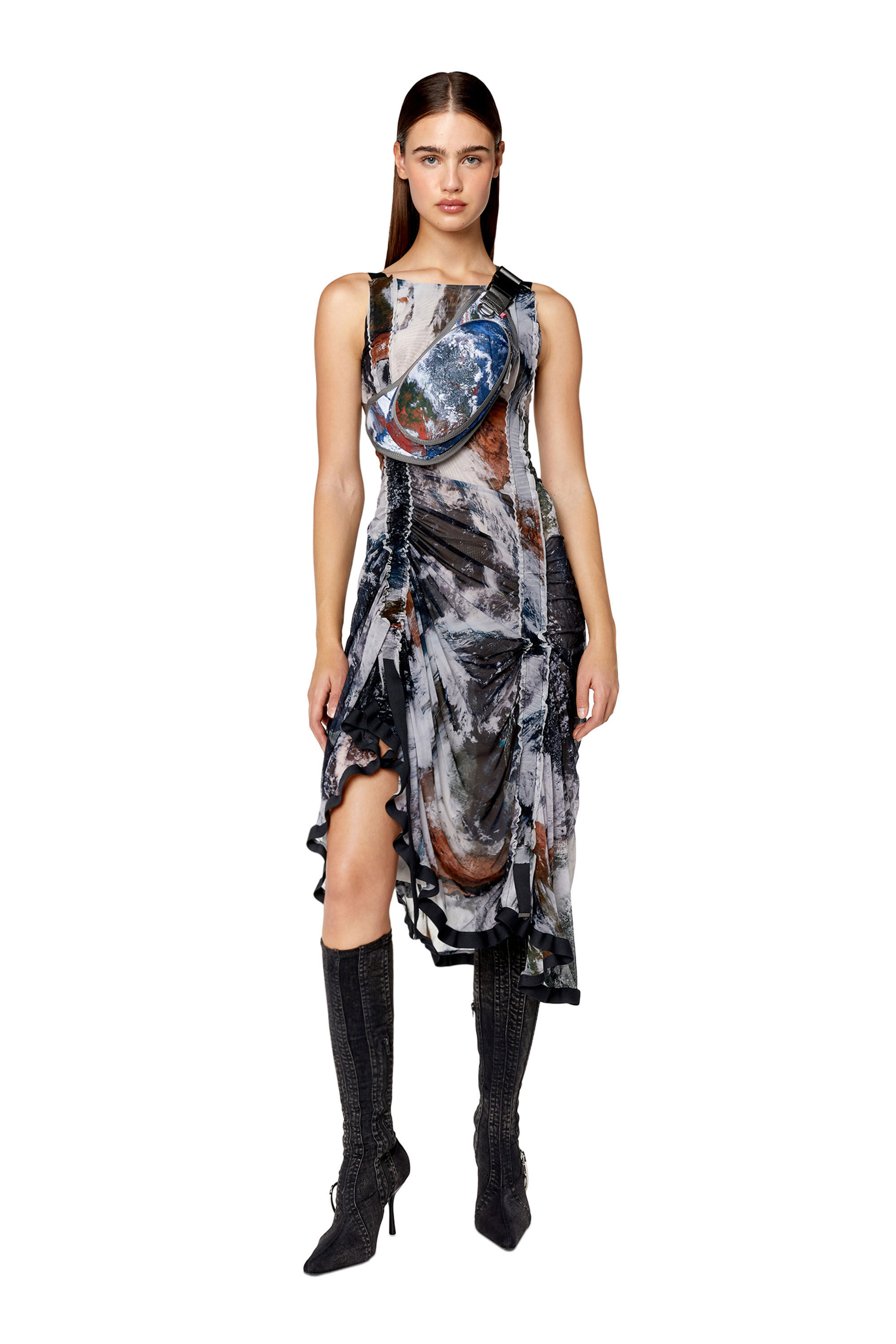 Diesel - D-TYLER, Female's Draped dress with Planet print in Black/Grey - 1