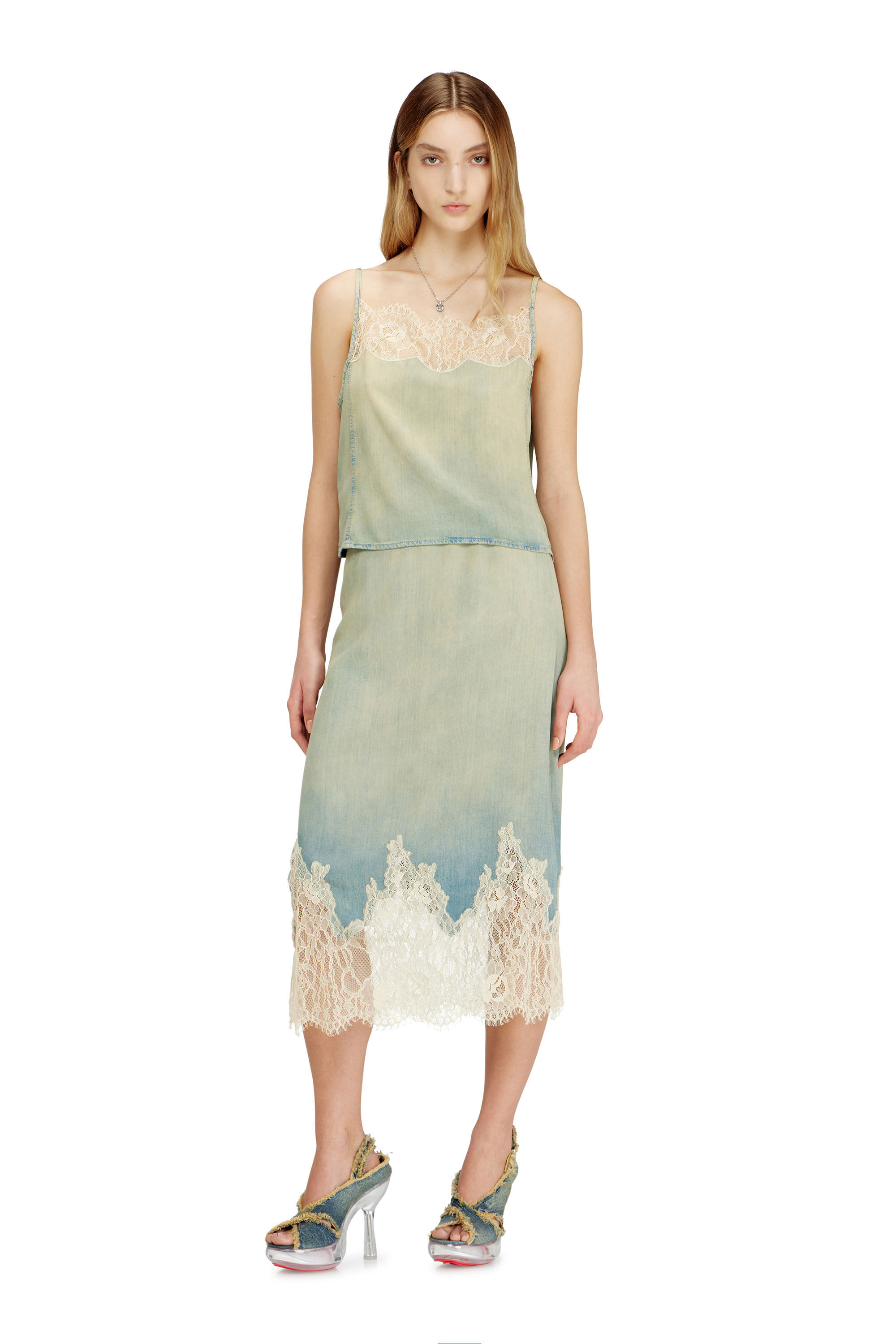 Women's Midi skirt in denim and lace | Blue | Diesel