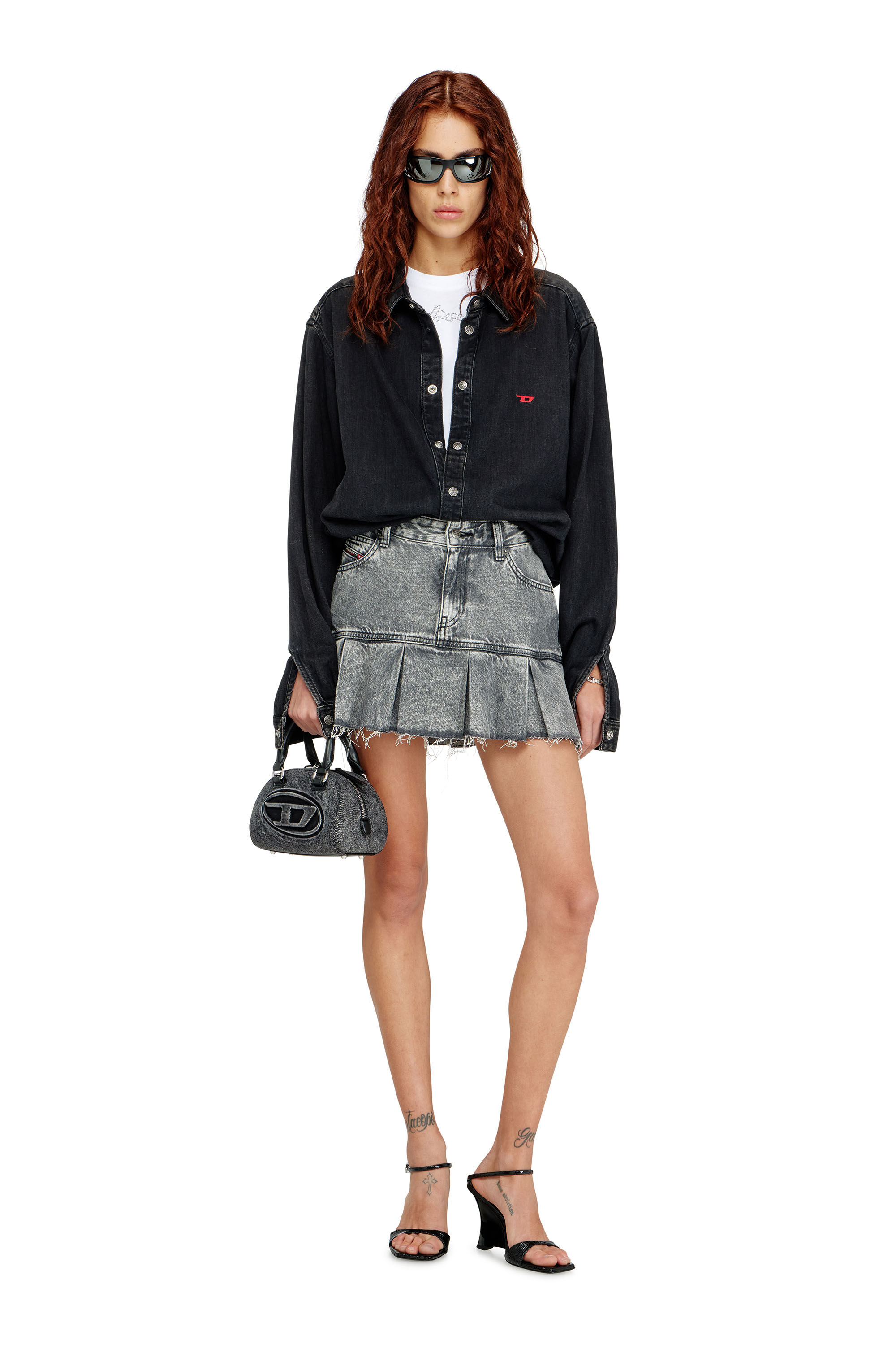 Women's Pleated miniskirt in marbled denim | Grey | Diesel