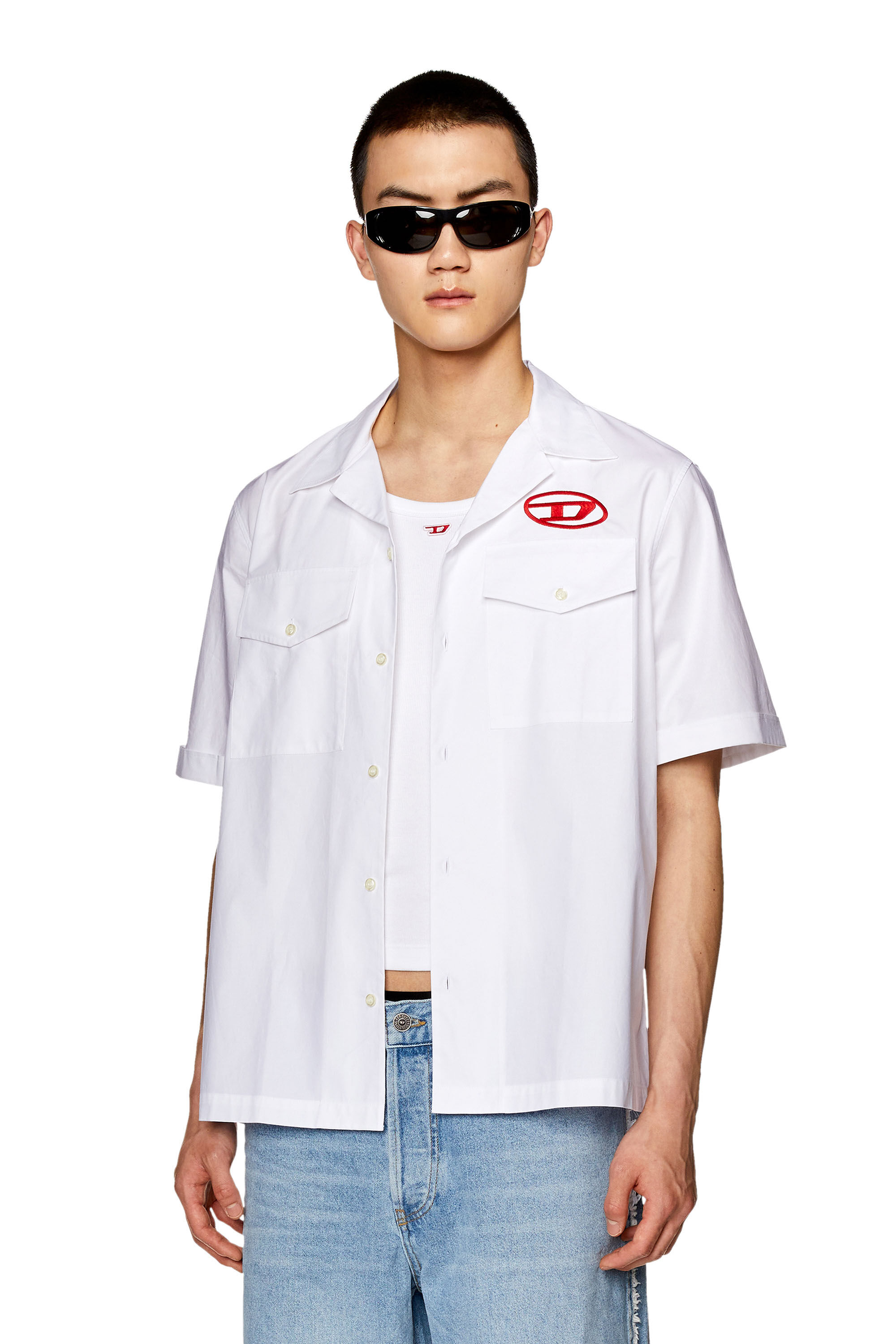 Diesel - S-MAC-22-B, Man's Bowling shirt with embroidered logo in White/Red - 3