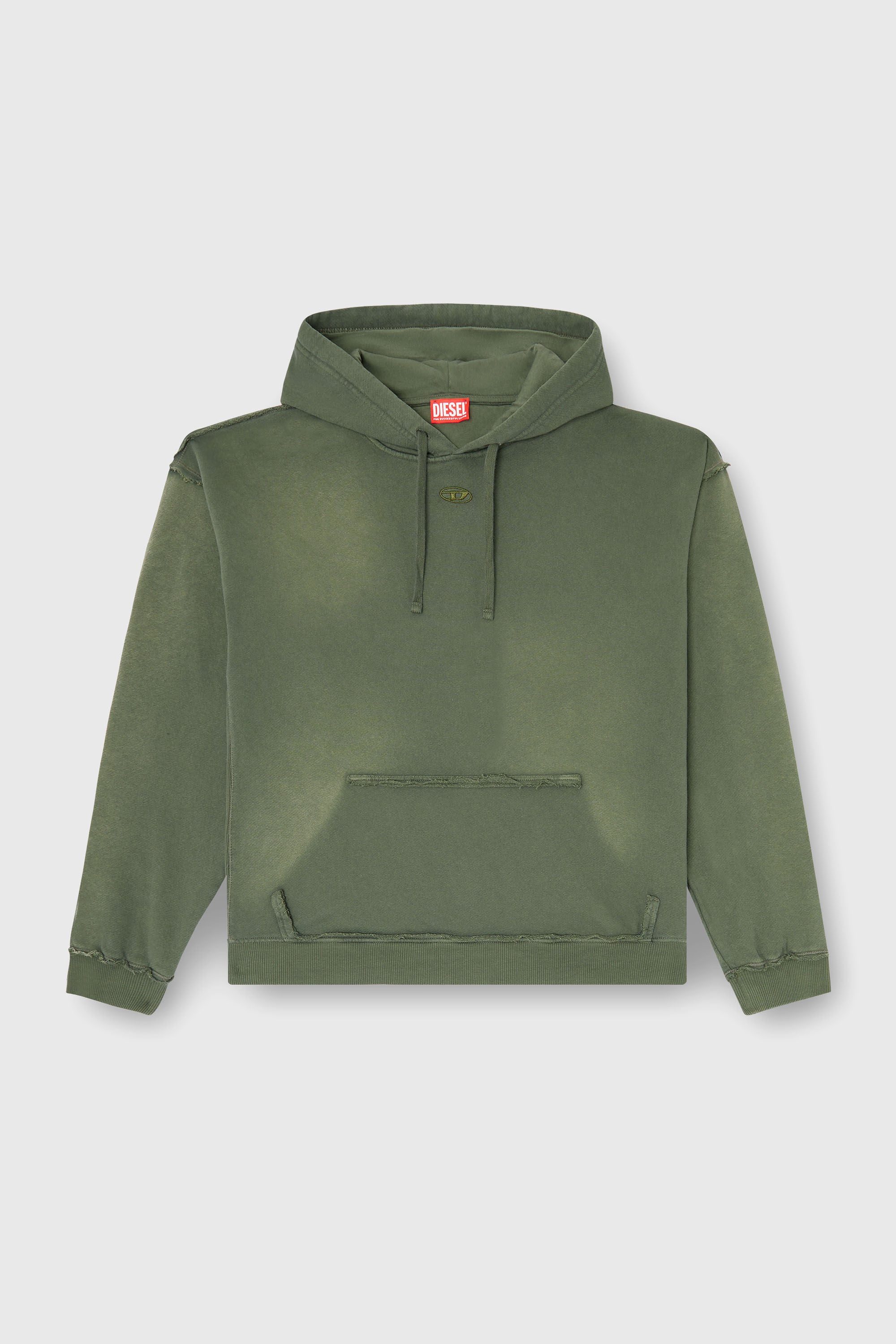 Diesel - S-POCK-HOOD, Male's Faded cotton hoodie with frayed details in Military Green - 2