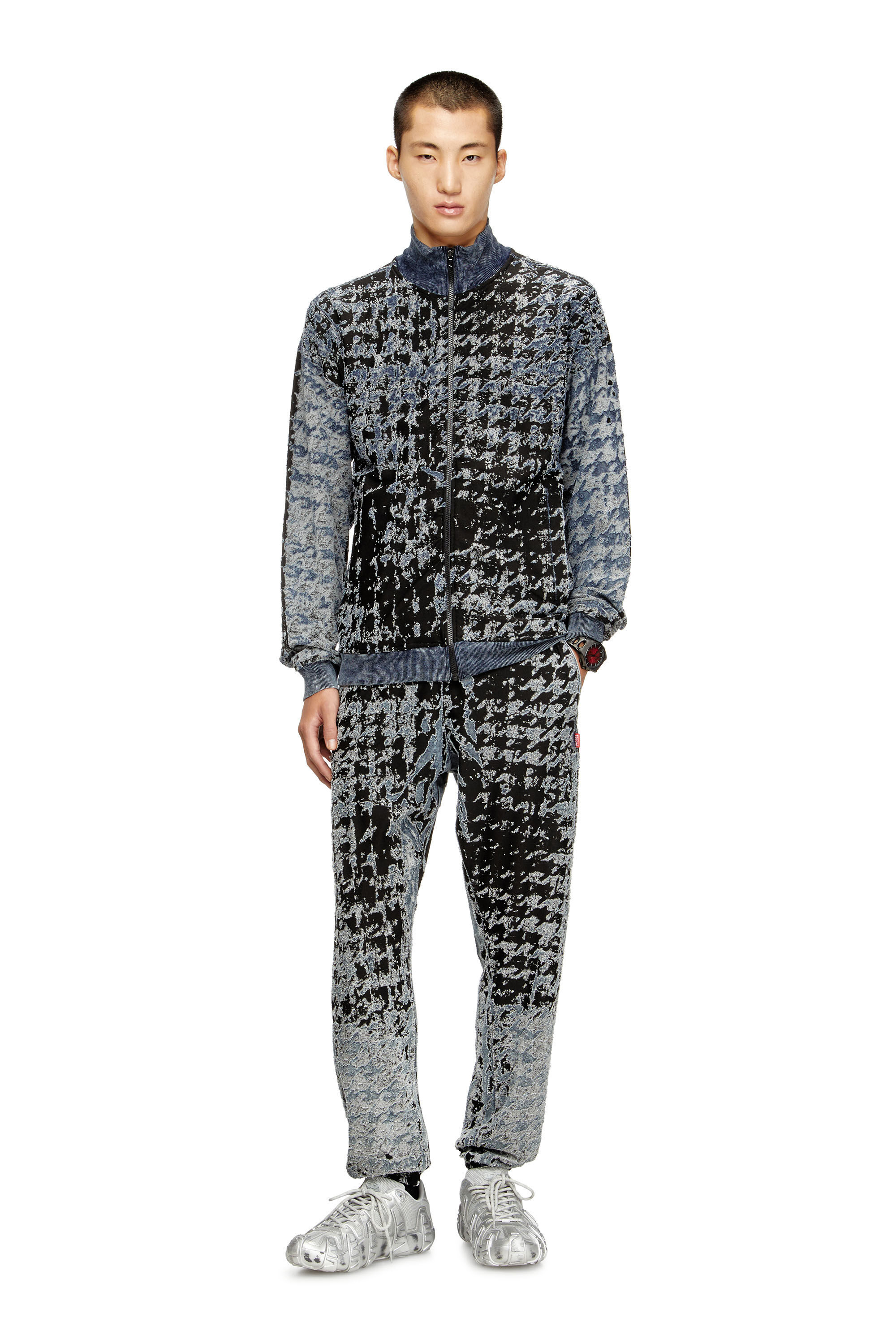 Diesel - S-CORR, Male's Devoré houndstooth zip-up top in Blue/Black - 1