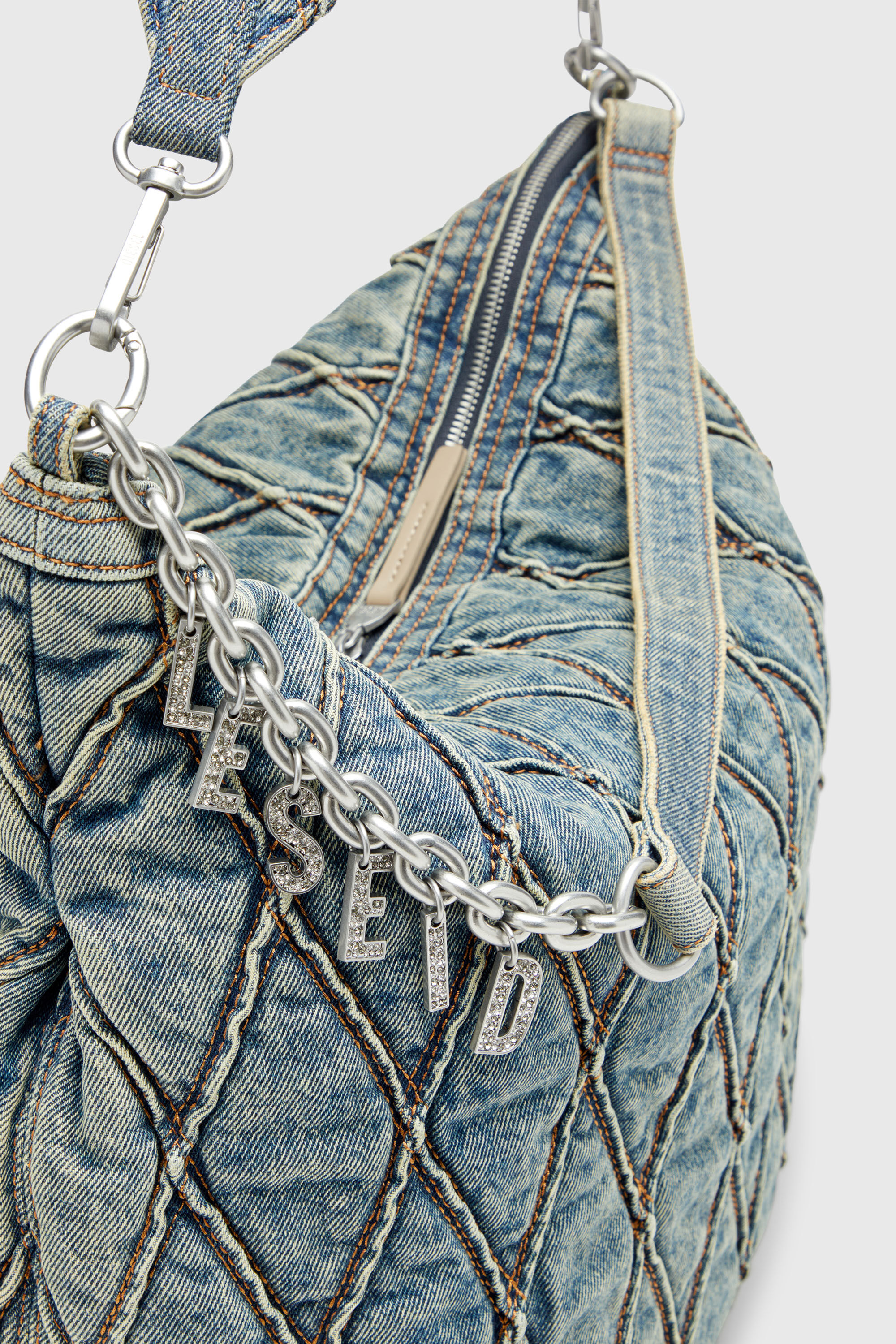 Diesel - CHARM-D HOBO, Woman's Charm-D-Large hobo in argyle quilted denim in Blue - 6