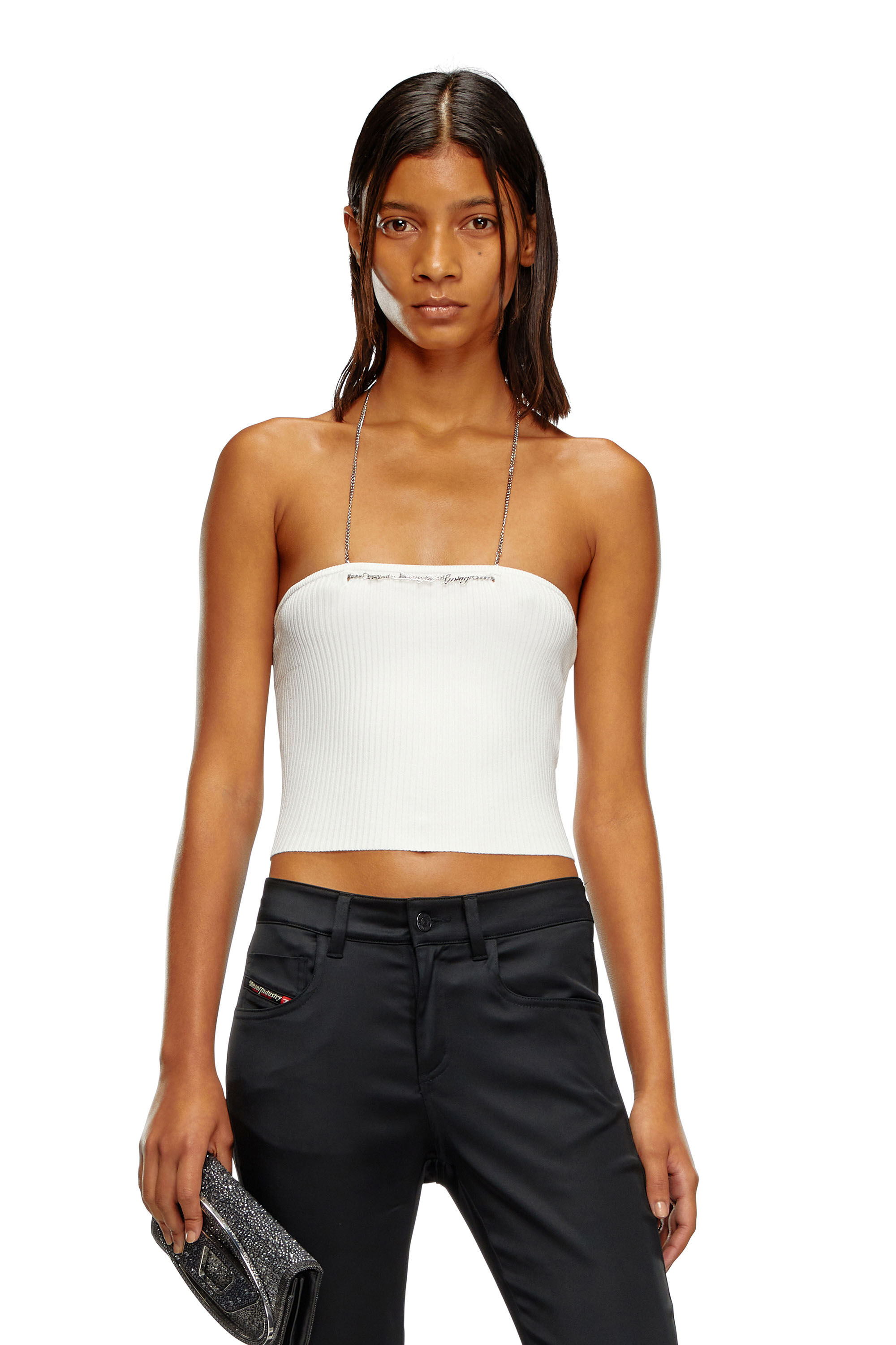 Diesel - M-ANDAS, Woman's Cropped knit top with chain halterneck in White - 3