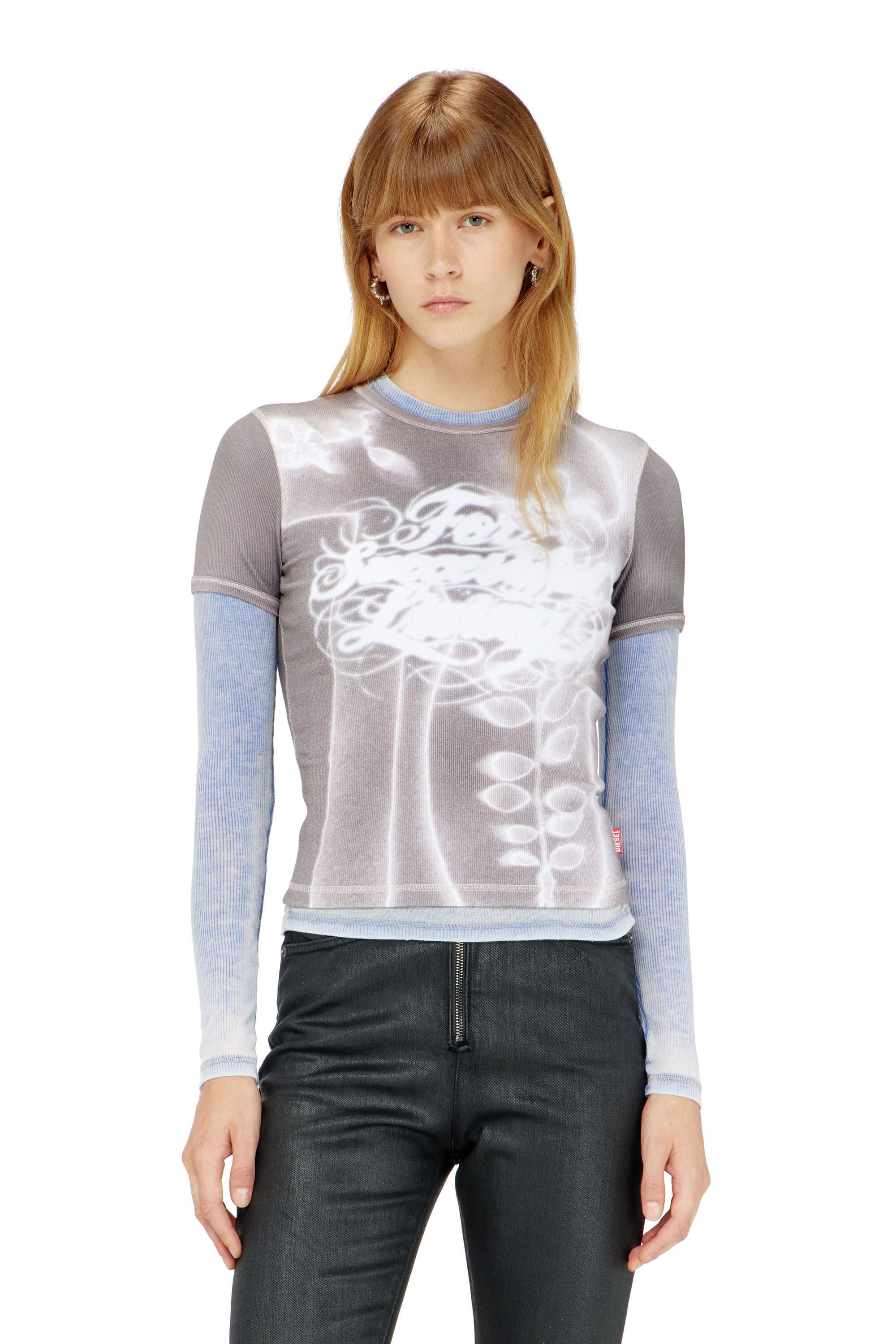 Diesel - T-ELE-LONG-AA4, Woman's Top in ribbed jersey with graphic print in Grey - 3