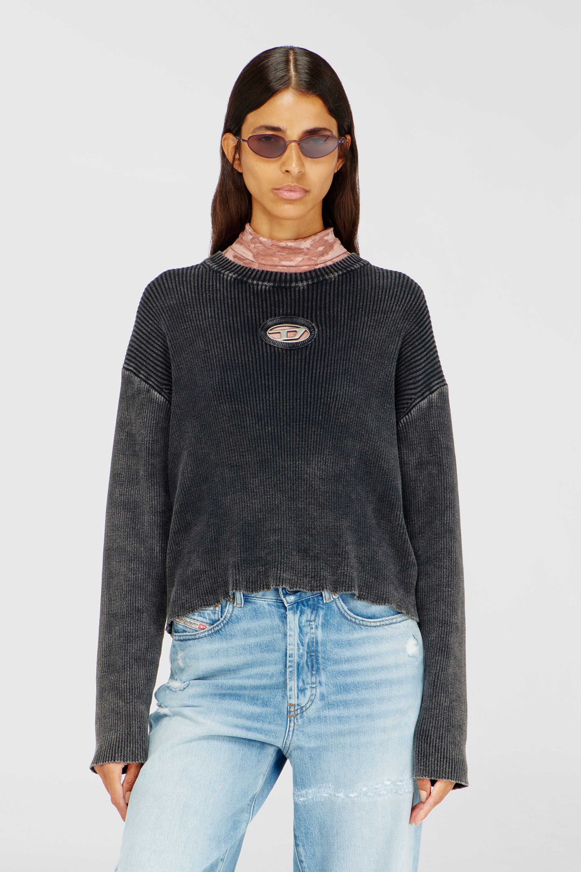 Diesel - M-ANCHOREX, Woman's Cut-out ribbed jumper with Oval D plaque in Dark grey - 3