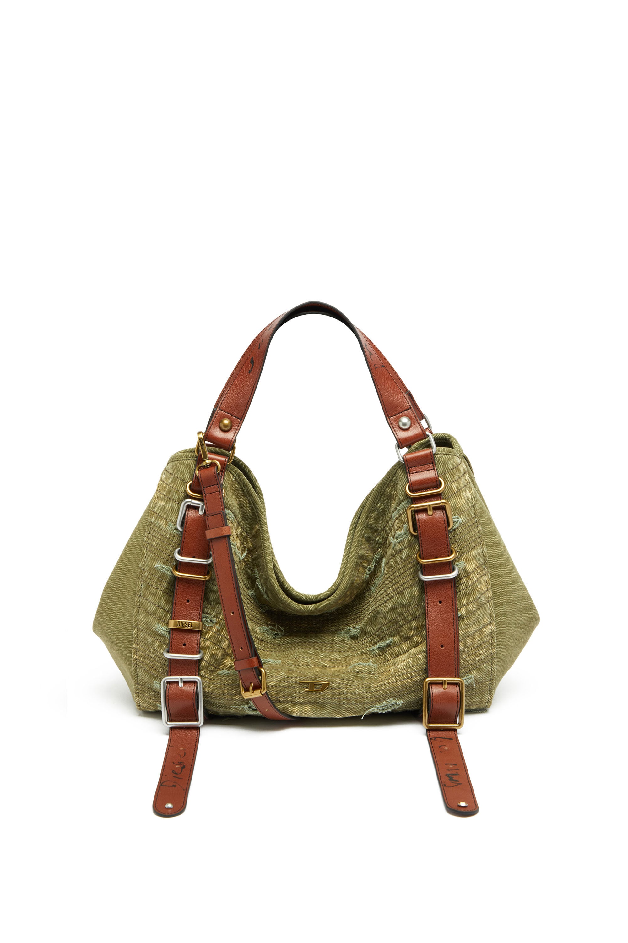 DIESELハンドバッグ Women's D-One-Medium top-handle bag in distressed canvas | Green