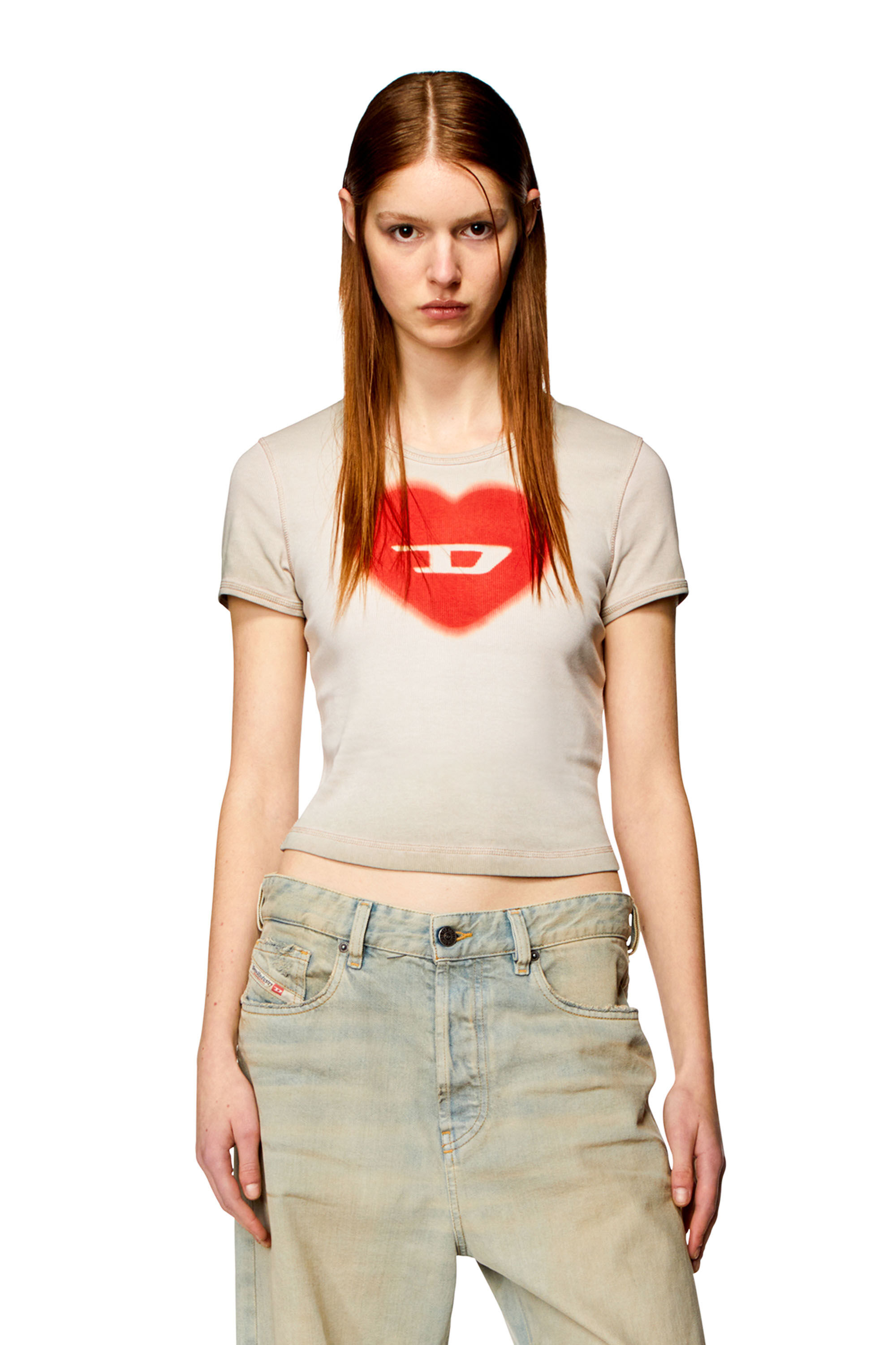 【人気】【新品タグ付き】DIESEL ハート Tシャツ M Women's Ribbed T-shirt with watercolour heart D | Beige | Diesel