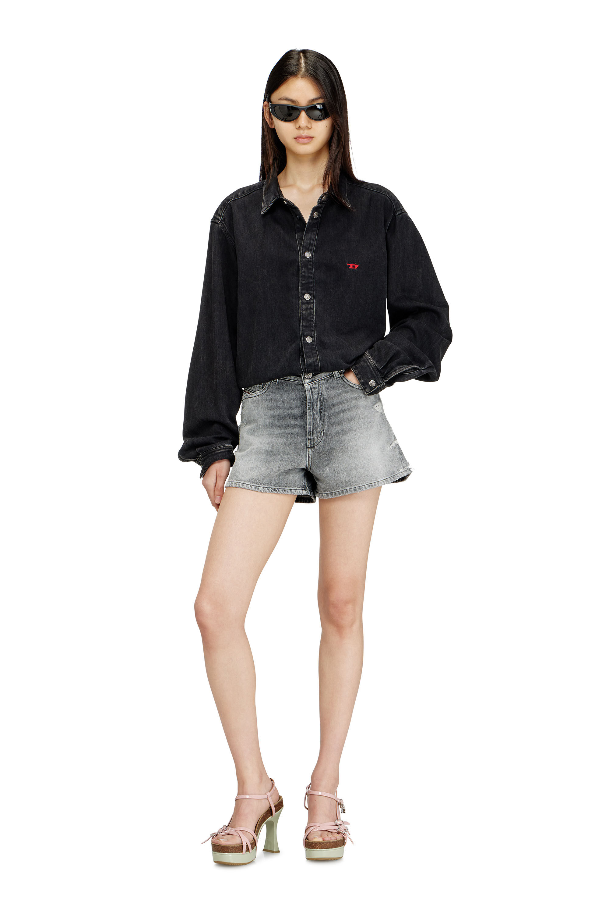 Diesel - DE-HELIOS, Woman's Denim shorts with frayed hems in Grey - 1