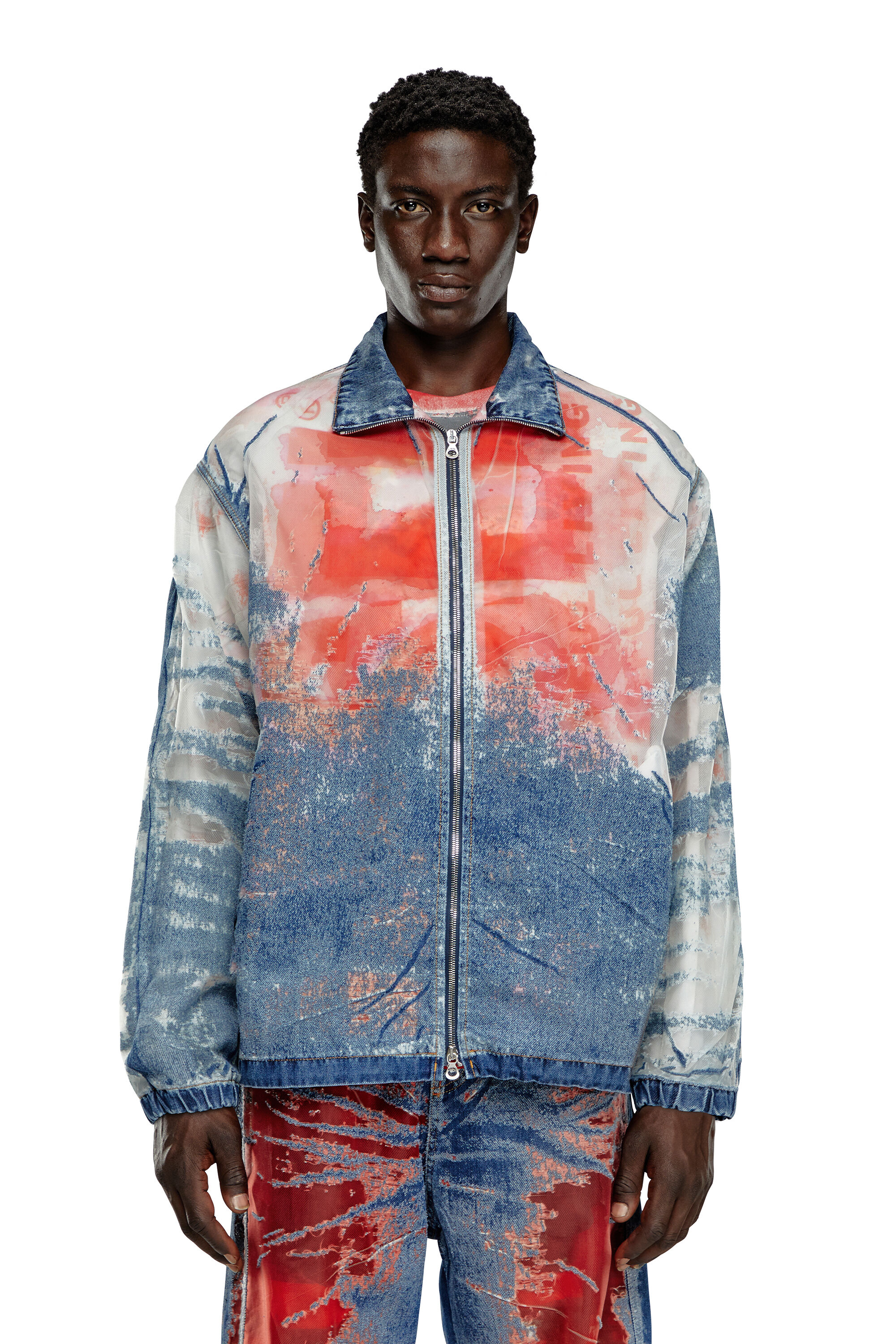Diesel - D-KRAP-FSE, Male's Jacket in devoré denim with logo in Blue/Red - 6