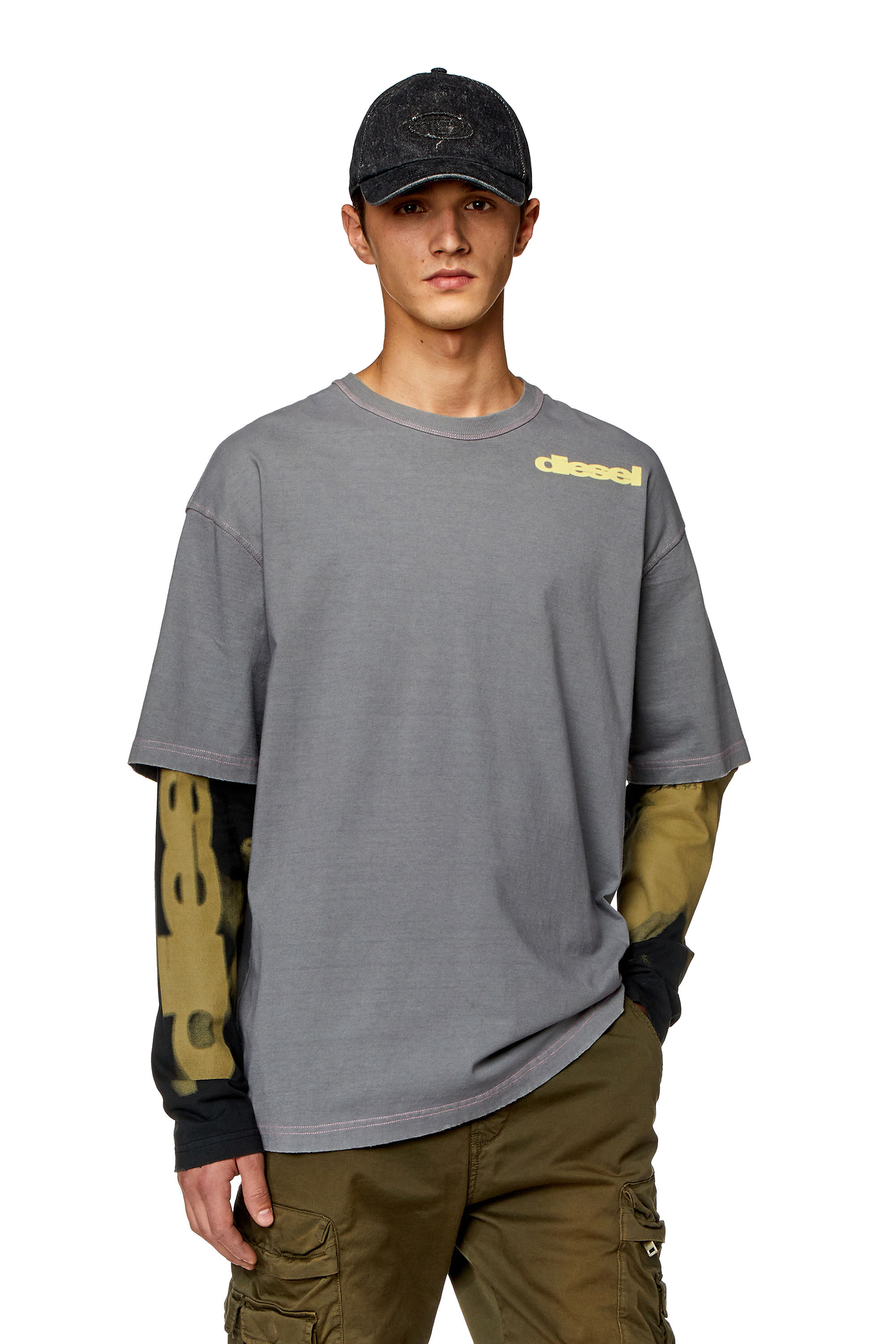 Diesel - T-WESHER-N3, Male's Layered-effect top with smudged print in Grey/Black - 3