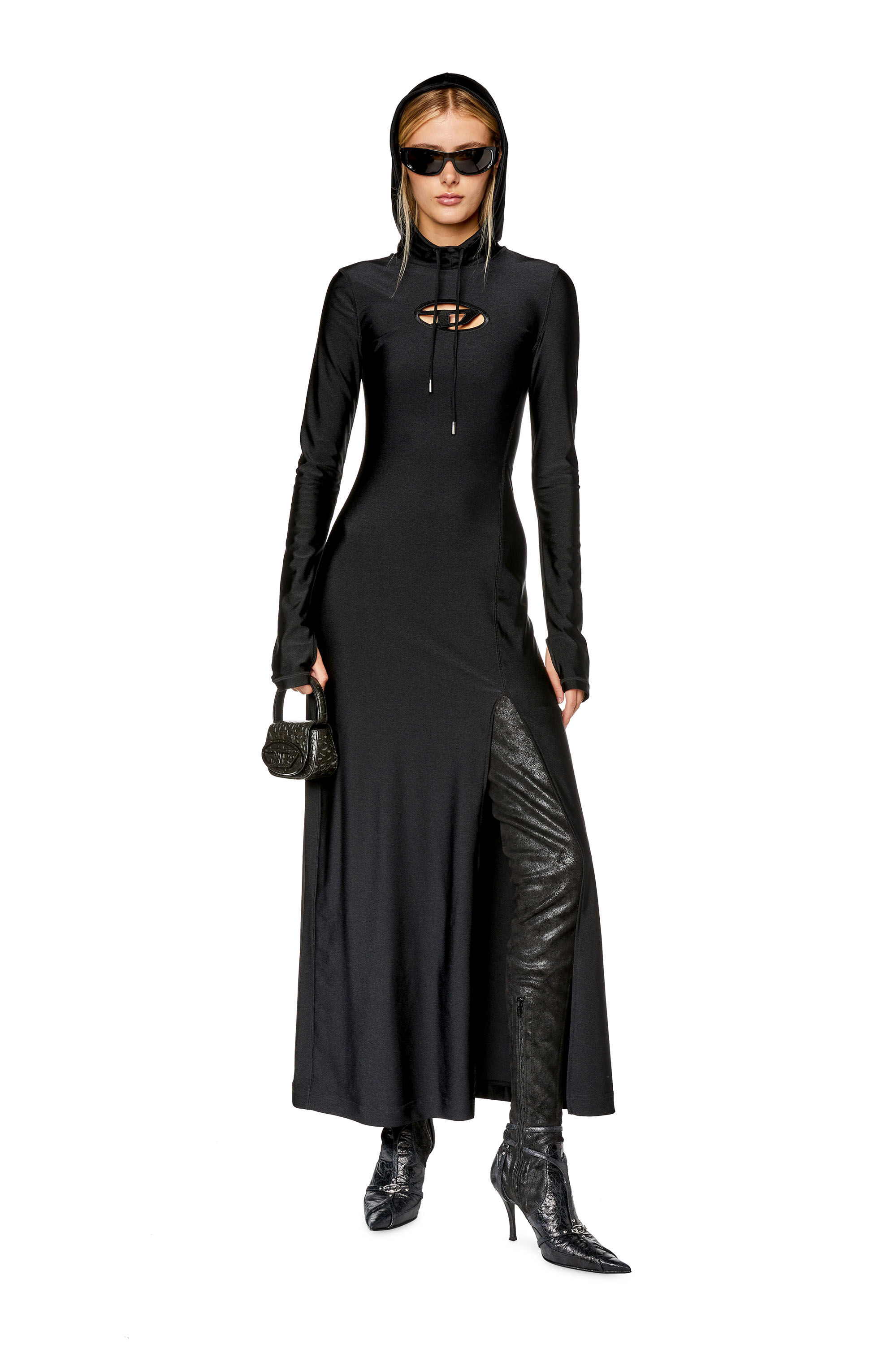 Diesel - D-MATHILDE, Female's Hoodie dress in shiny stretch nylon in Black - 1