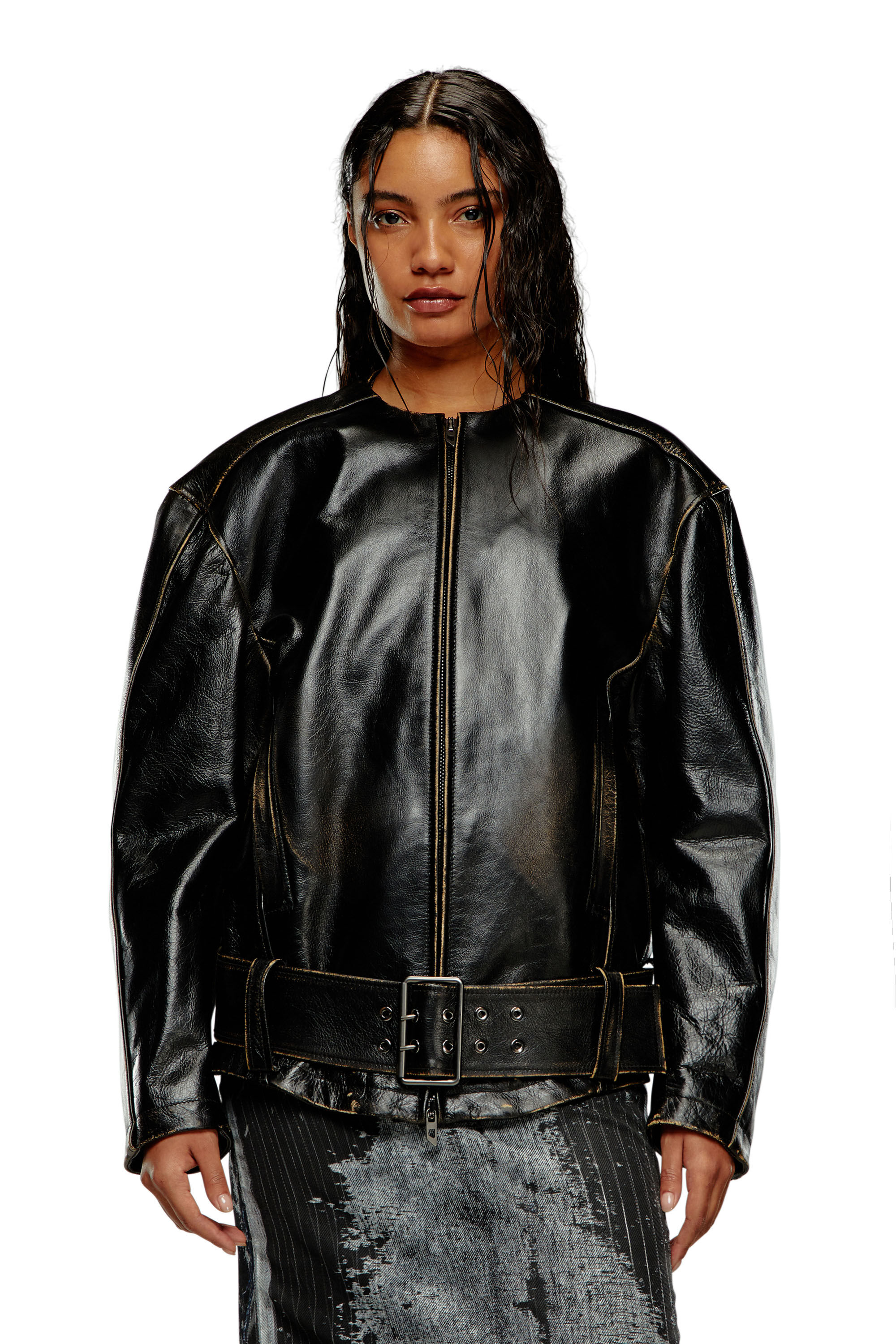 Women's Oversized biker jacket in brushed leather | Black | Diesel