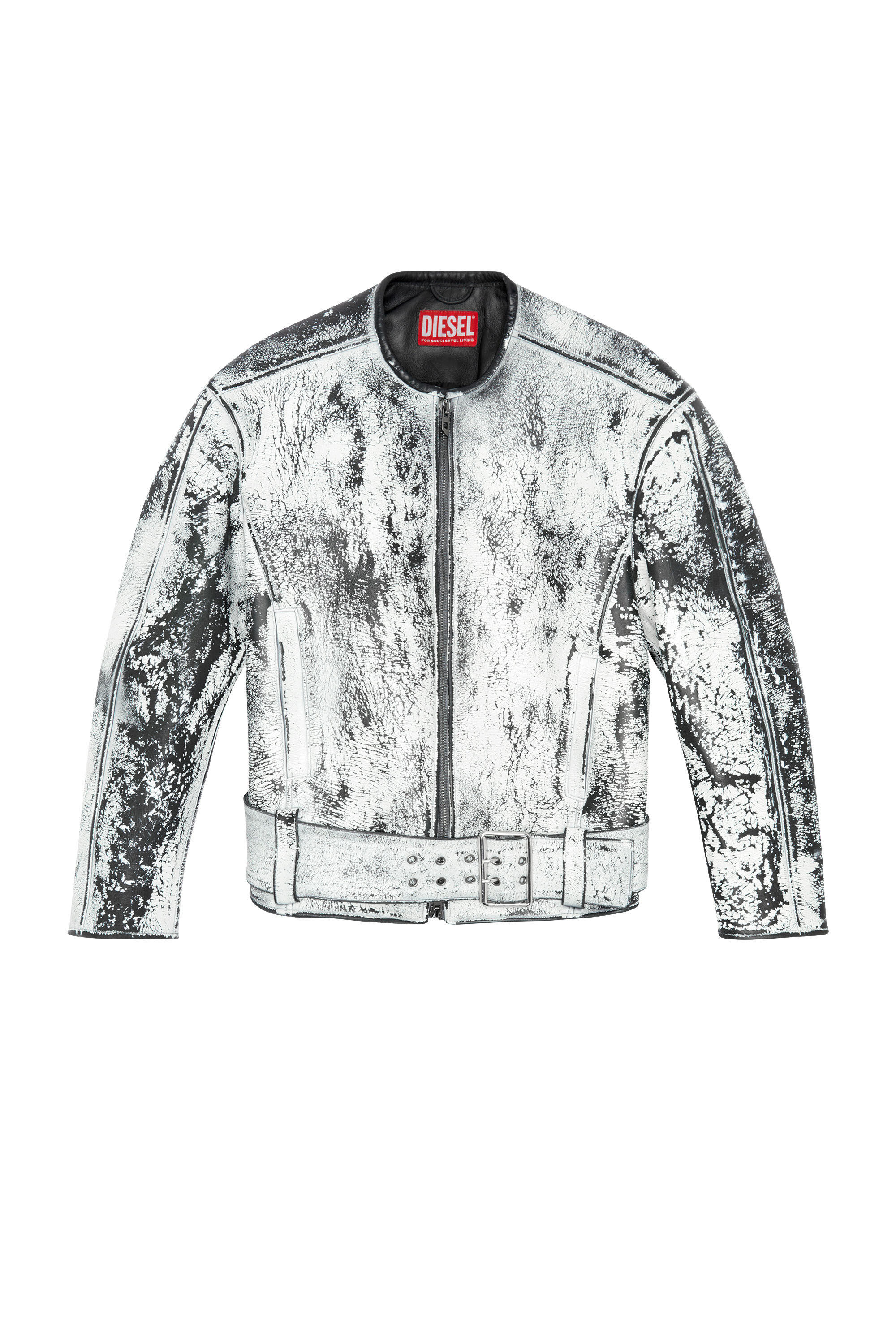Diesel - L-MARGY-MALE, Man's Oversized biker jacket in treated leather in Black/White - 2