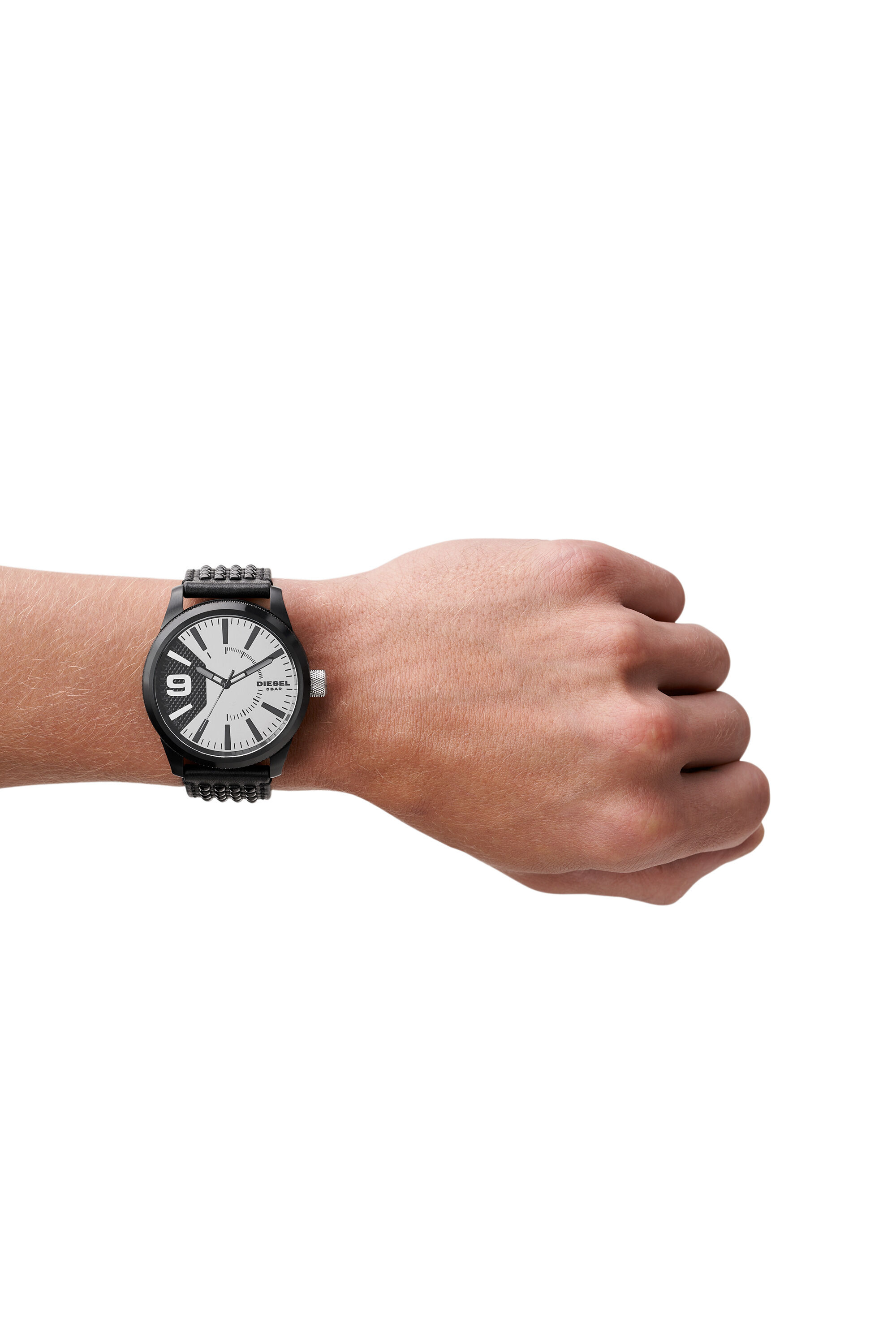 Diesel - DZ1963, Male's Rasp NSBB three-hand black leather watch in Black/Yellow - 4