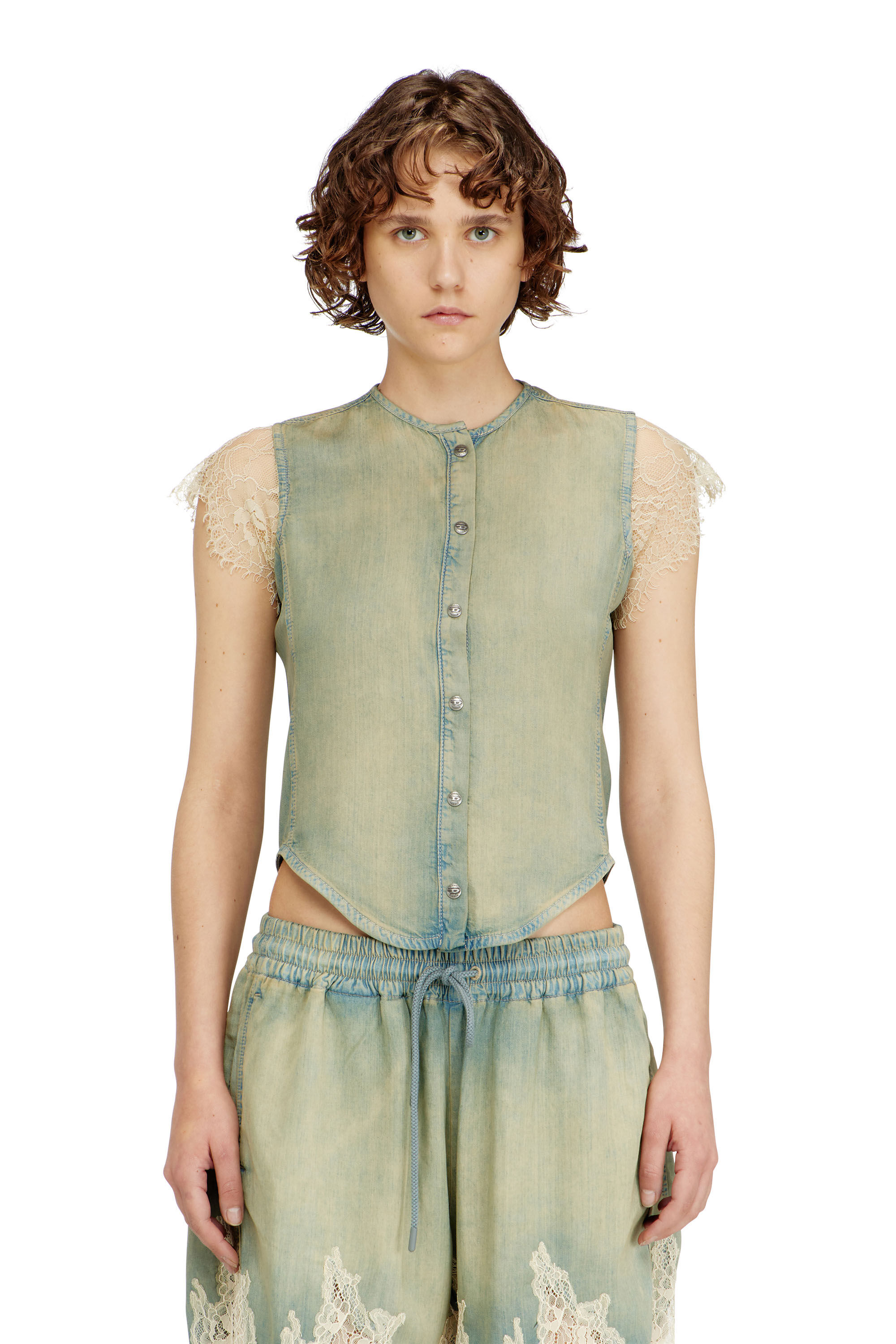 Women's Short-sleeve shirt in denim and lace | Blue | Diesel