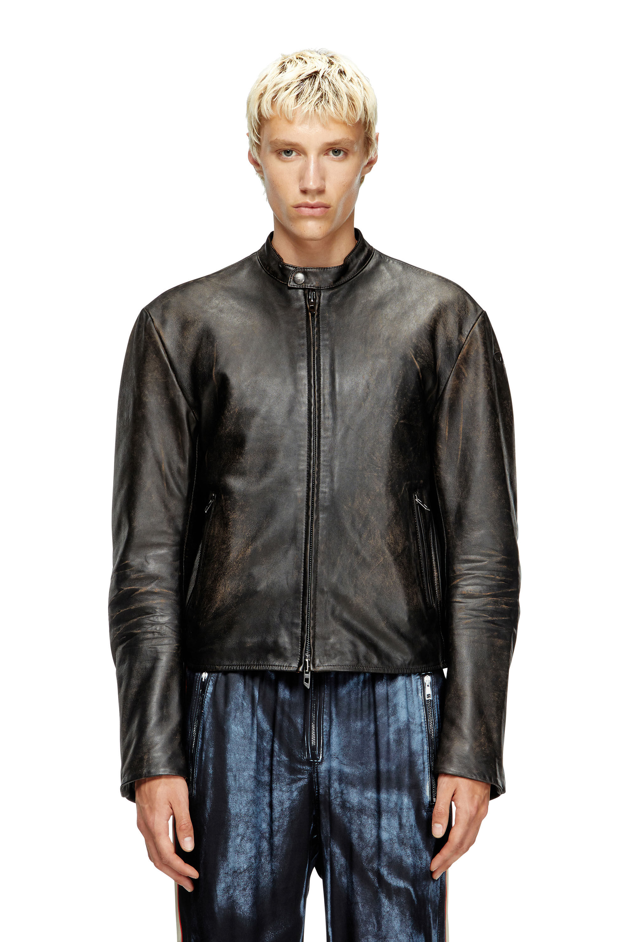 Diesel - L-AROSS, Male's Distressed leather biker jacket in Brown - 3