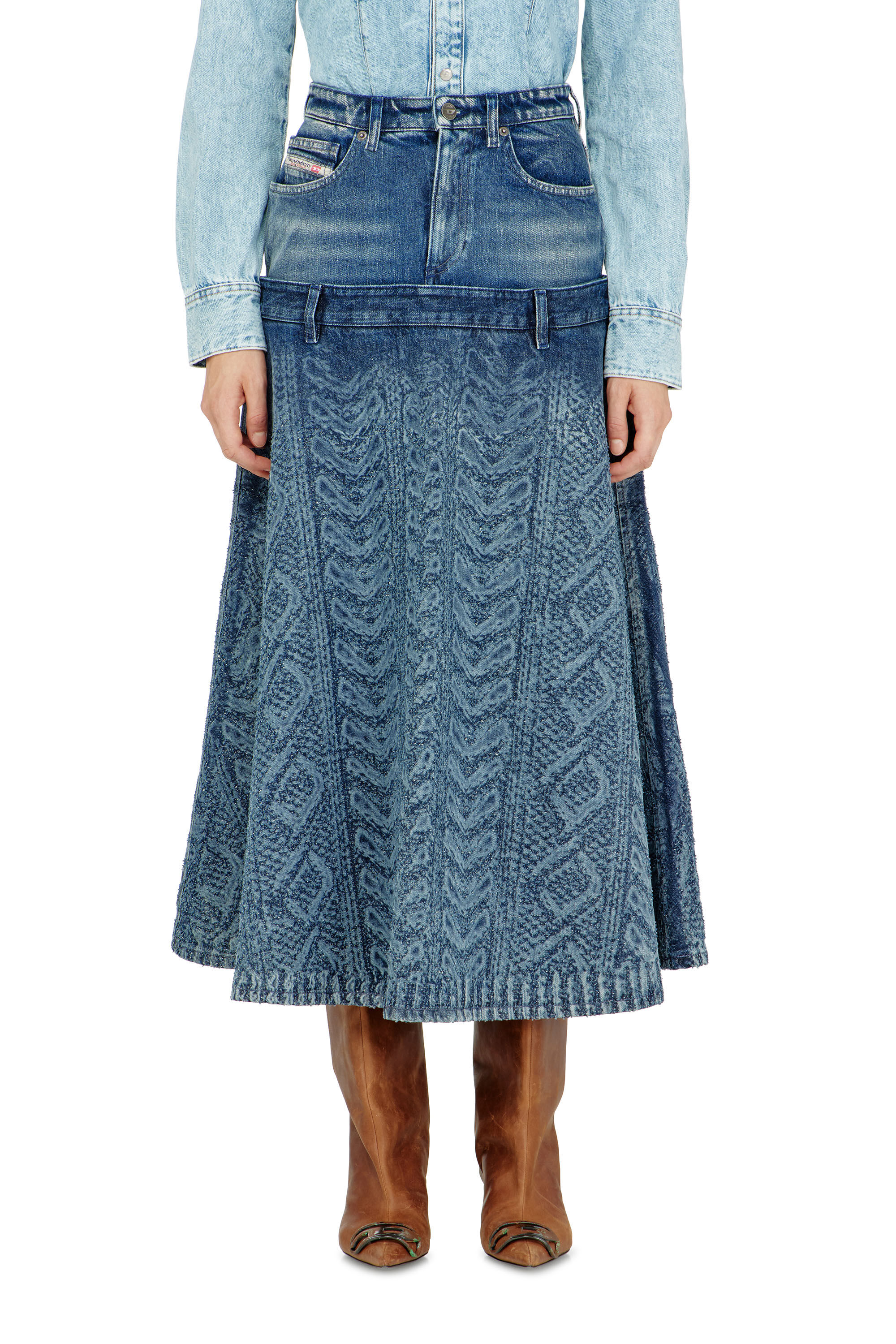 Diesel - DE-VORYA-S1, Female's Midi skirt in cable-knit-effect denim in Dark Blue - 3