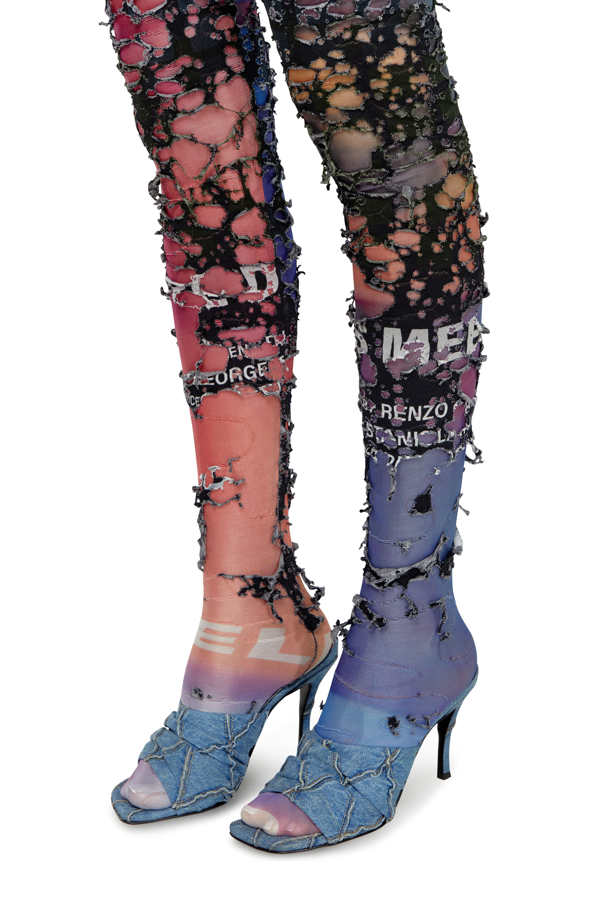Diesel - P-KOLL-DEV, Female's Destroyed tights with cinema prints in Orange/Pink - 4