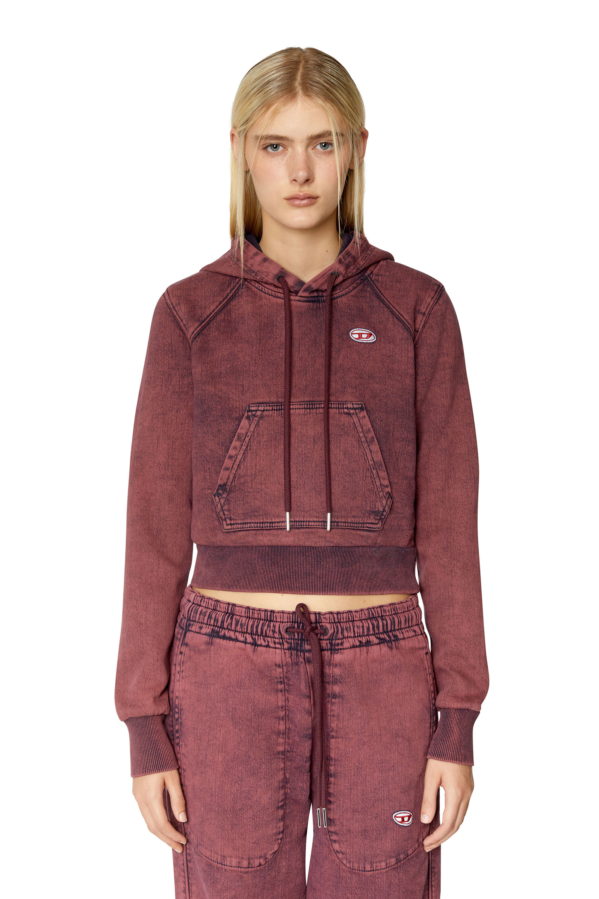 Diesel - D-ANGY TRACK DENIM HOODIE, Sweat-shirt à capuche cropped surteint en Track Denim Femme in Rouge - 3