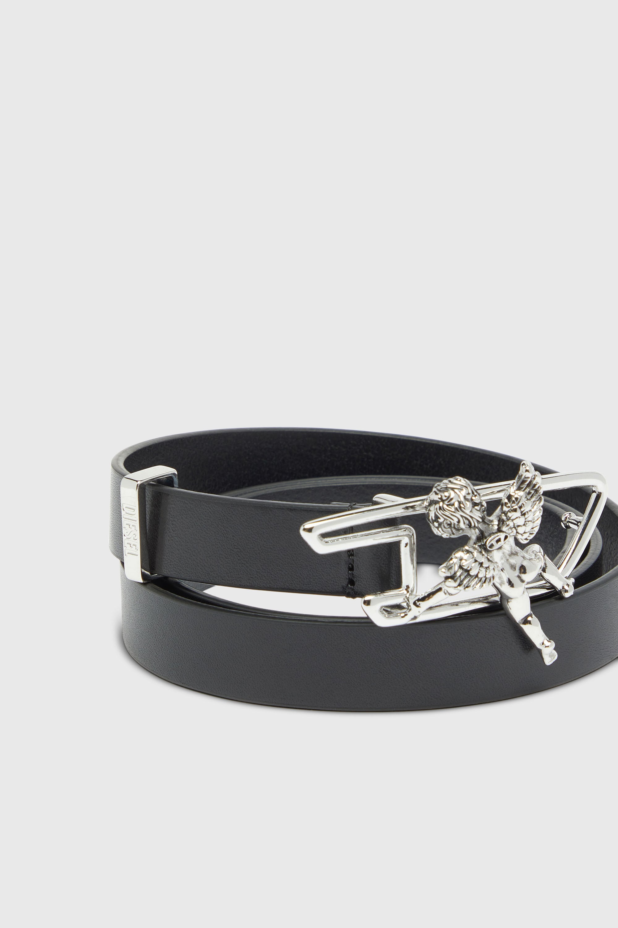 Diesel - B-D LINE W ANGEL 20, Woman's 2cm leather belt with cherub D outline buckle in Black - 3