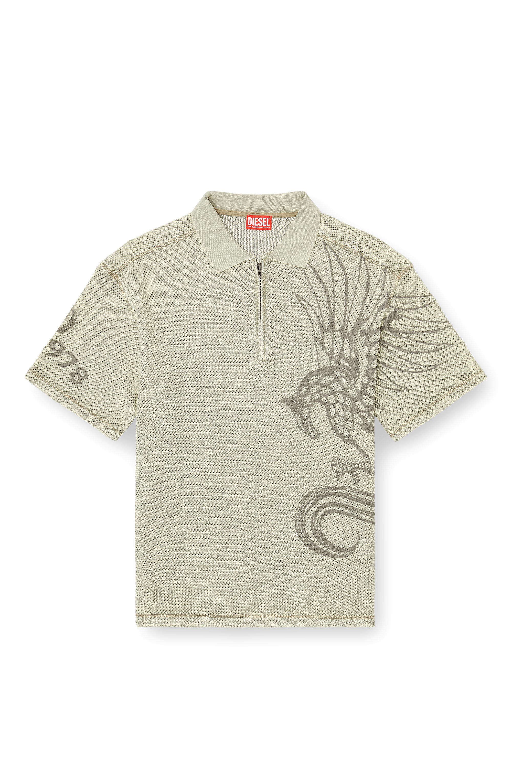 Diesel - T-ERRY-ZIP, Polo en mesh jacquard avec imprim&eacute; Phoenix Homme in Beige - 2